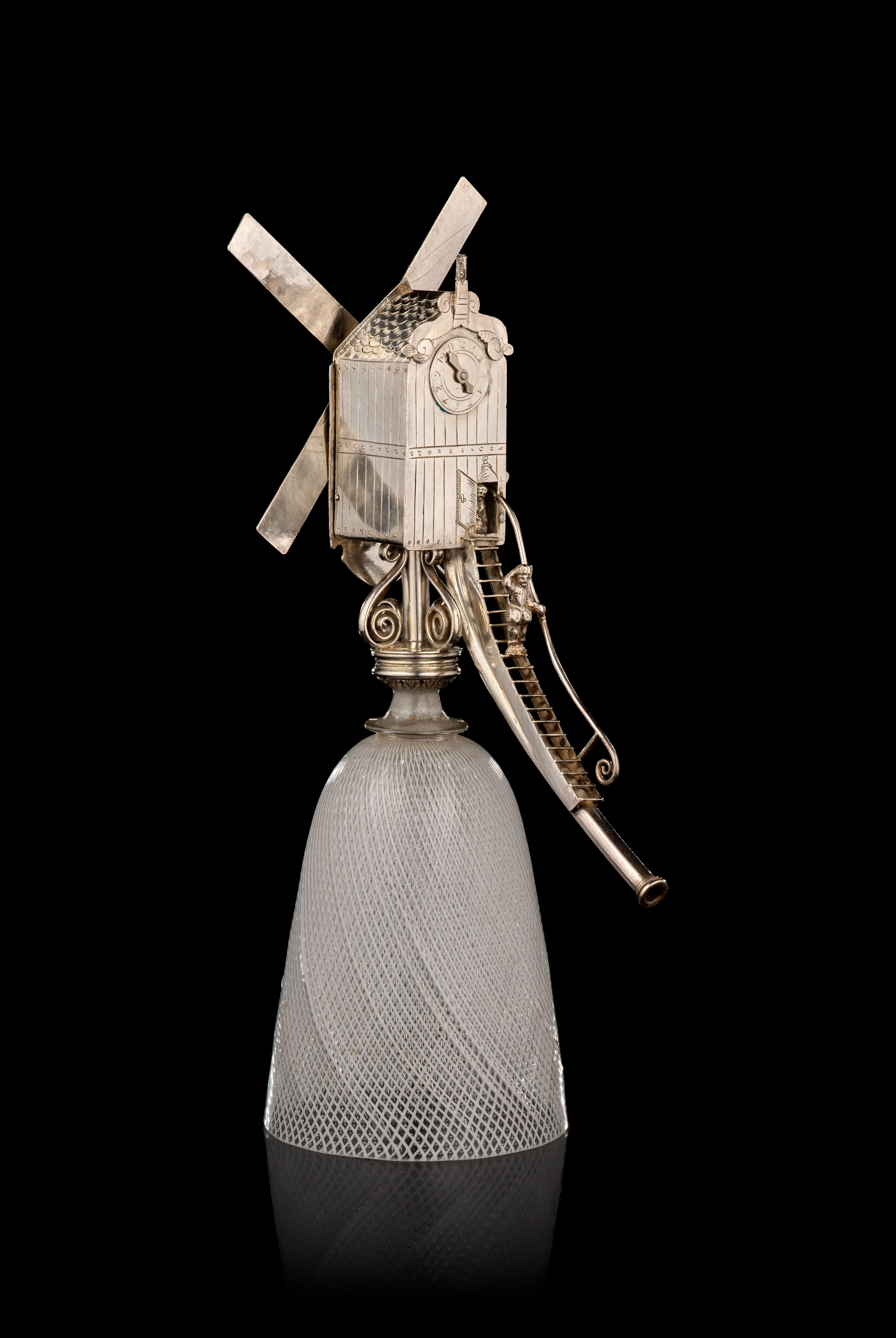 A Flemish glass and silver windmill cup, marks difficult to read
