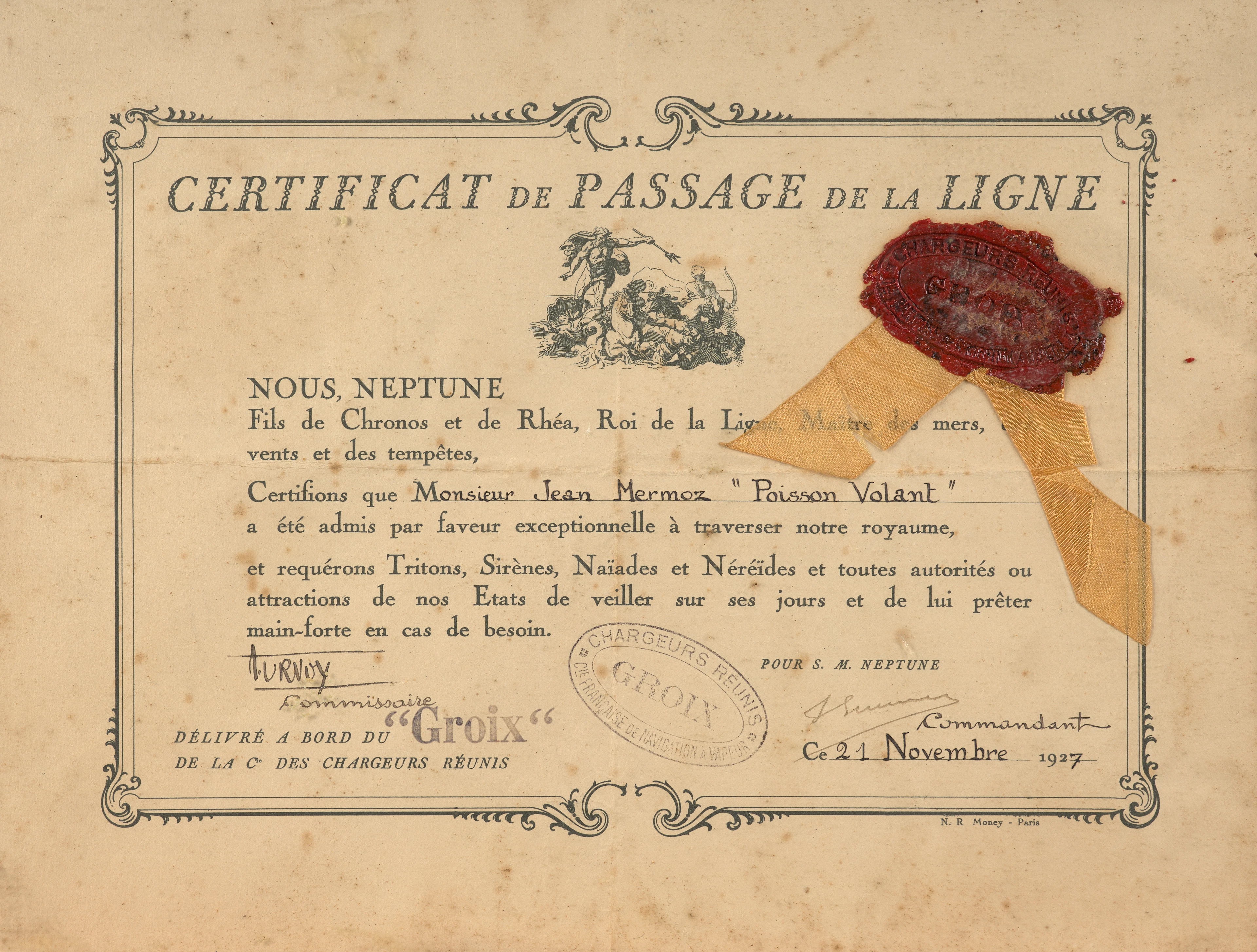 CERTIFICAT DE PASSAGE DE LA LIGNE DÉCERNÉ À JEAN MERMOZ