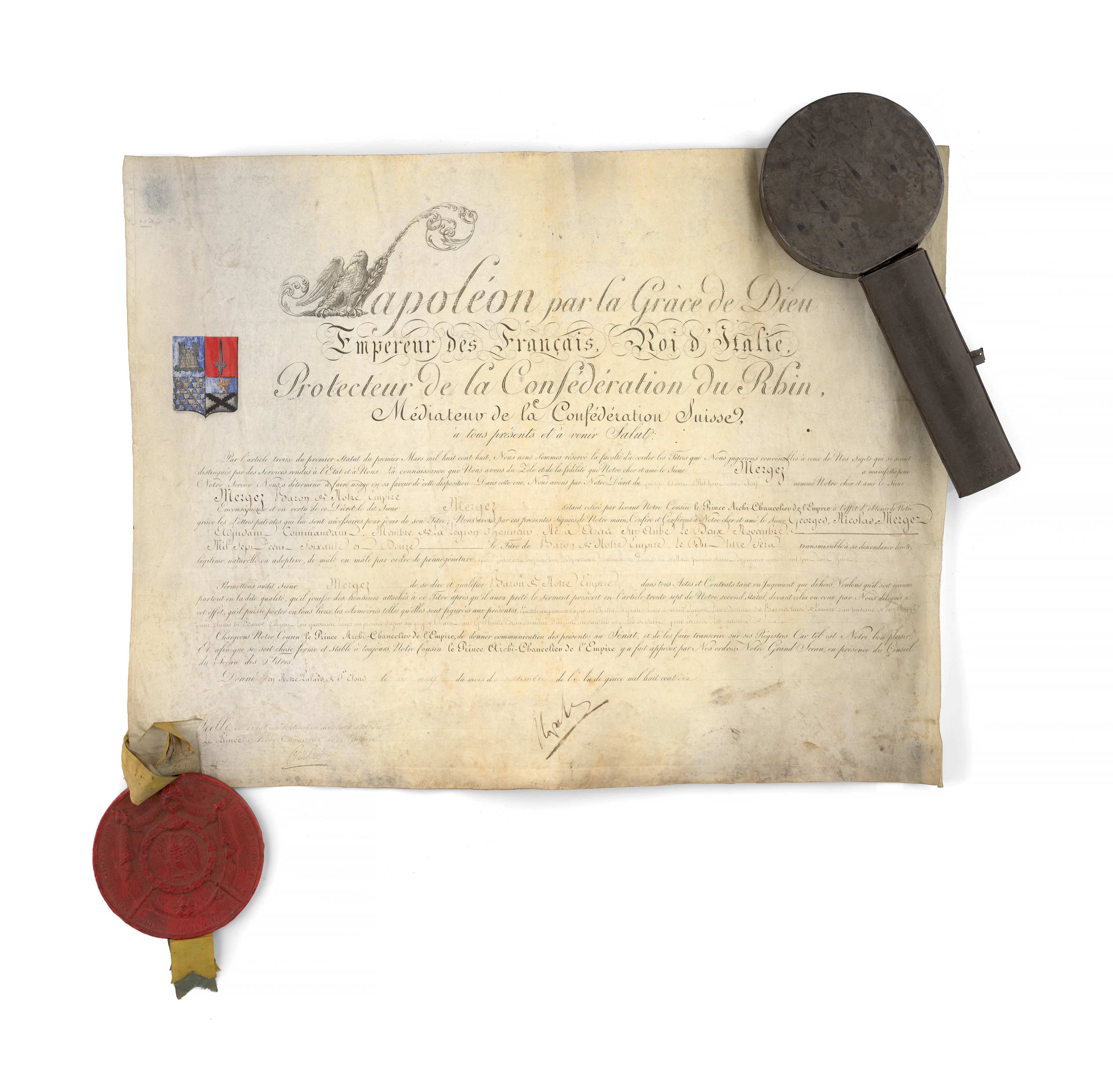 LETTRES PATENTES D’ANOBLISSEMENT DE GEORGES MERGEZ (1772-1846), ADJUDANT