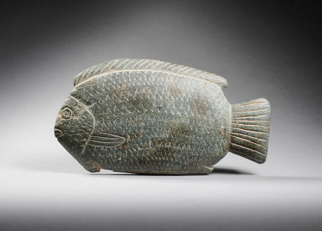 An Egyptian schist cosmetic spoon in the shape of a Tilapia Nilotica fish