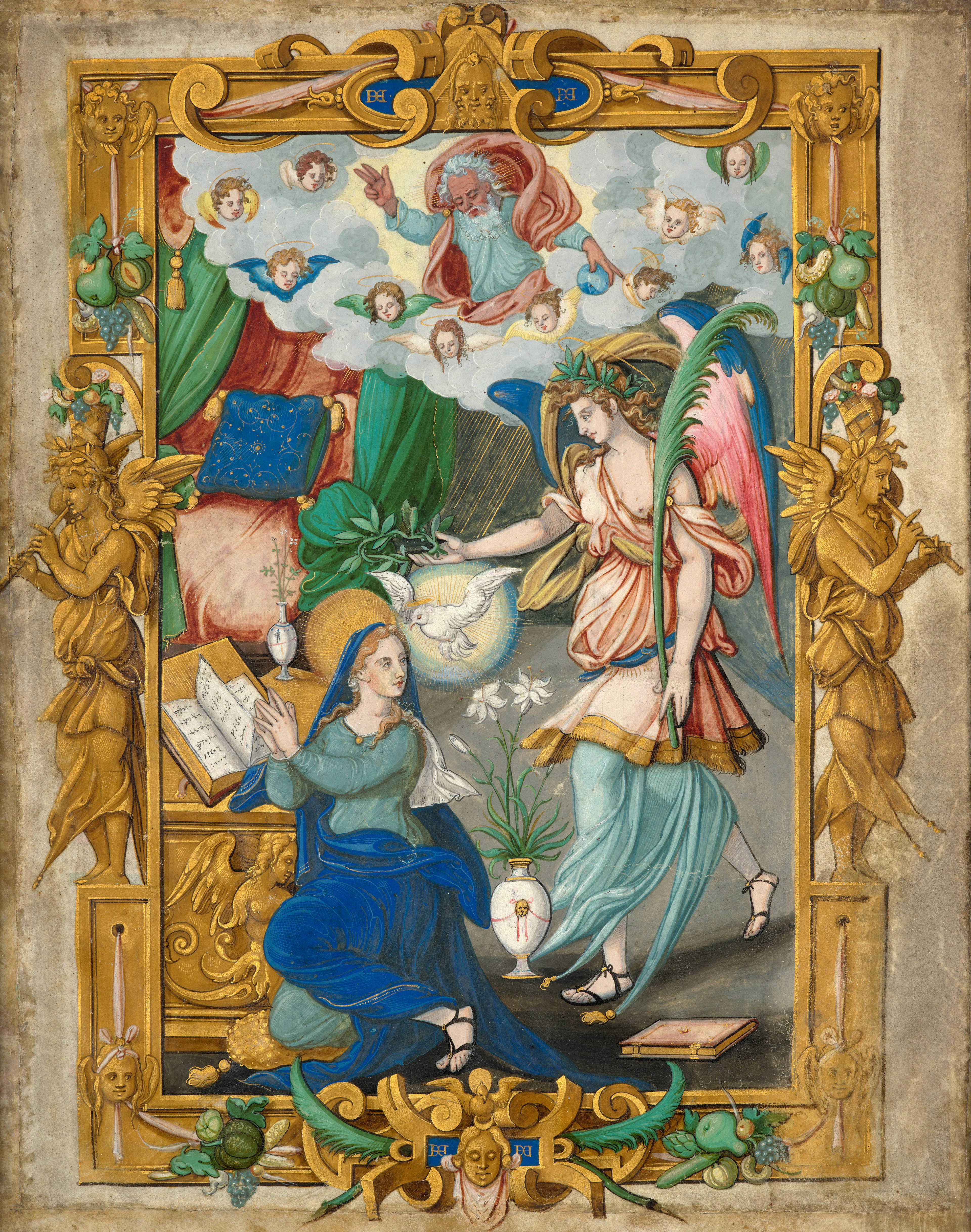 - Page de livre d'heures, Recto : L'Annonciation, dans un riche encadrement