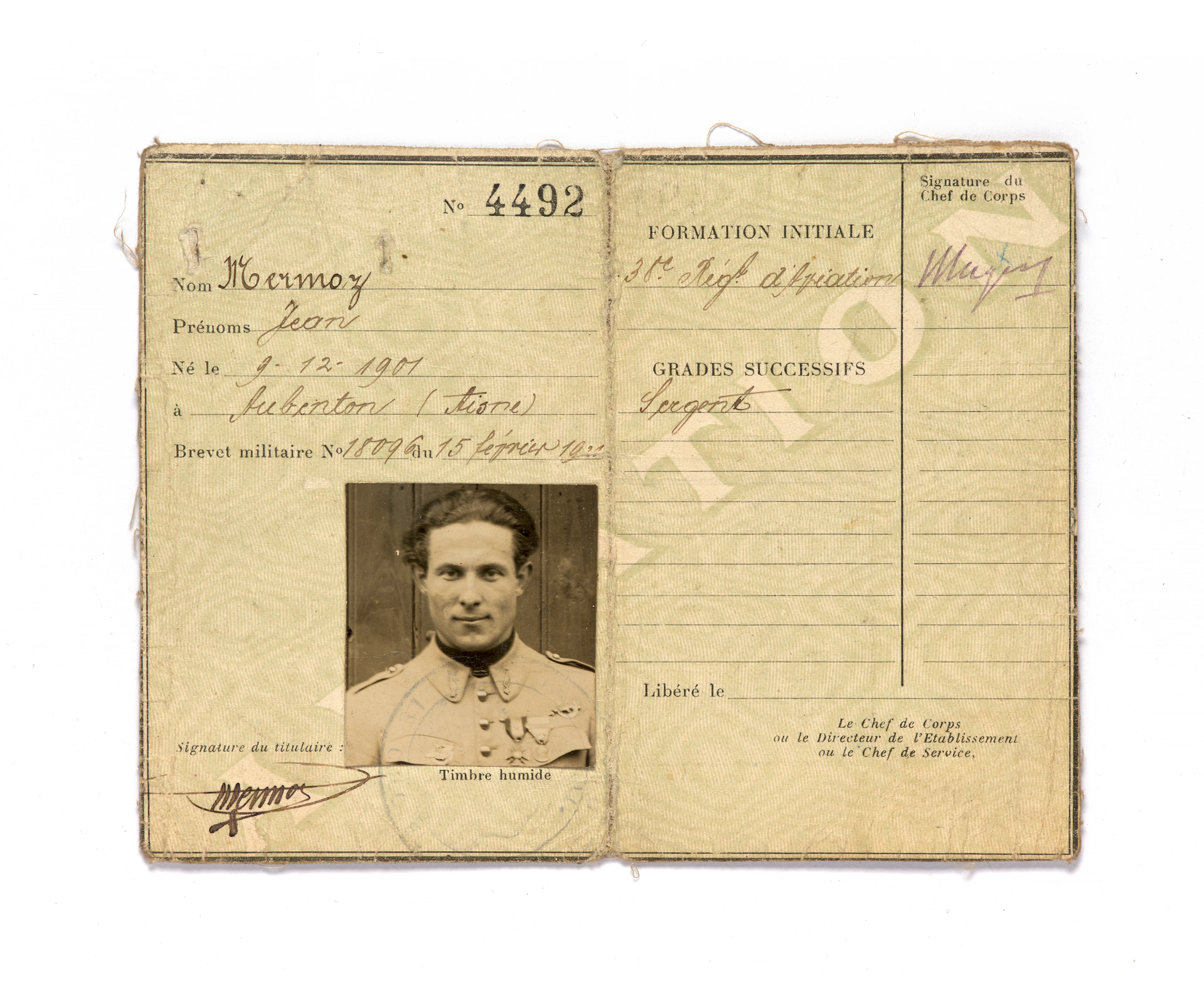CARTE D’IDENTITÉ MILITAIRE DE PILOTE D’AVIATION AU NOM DE JEAN MERMOZ