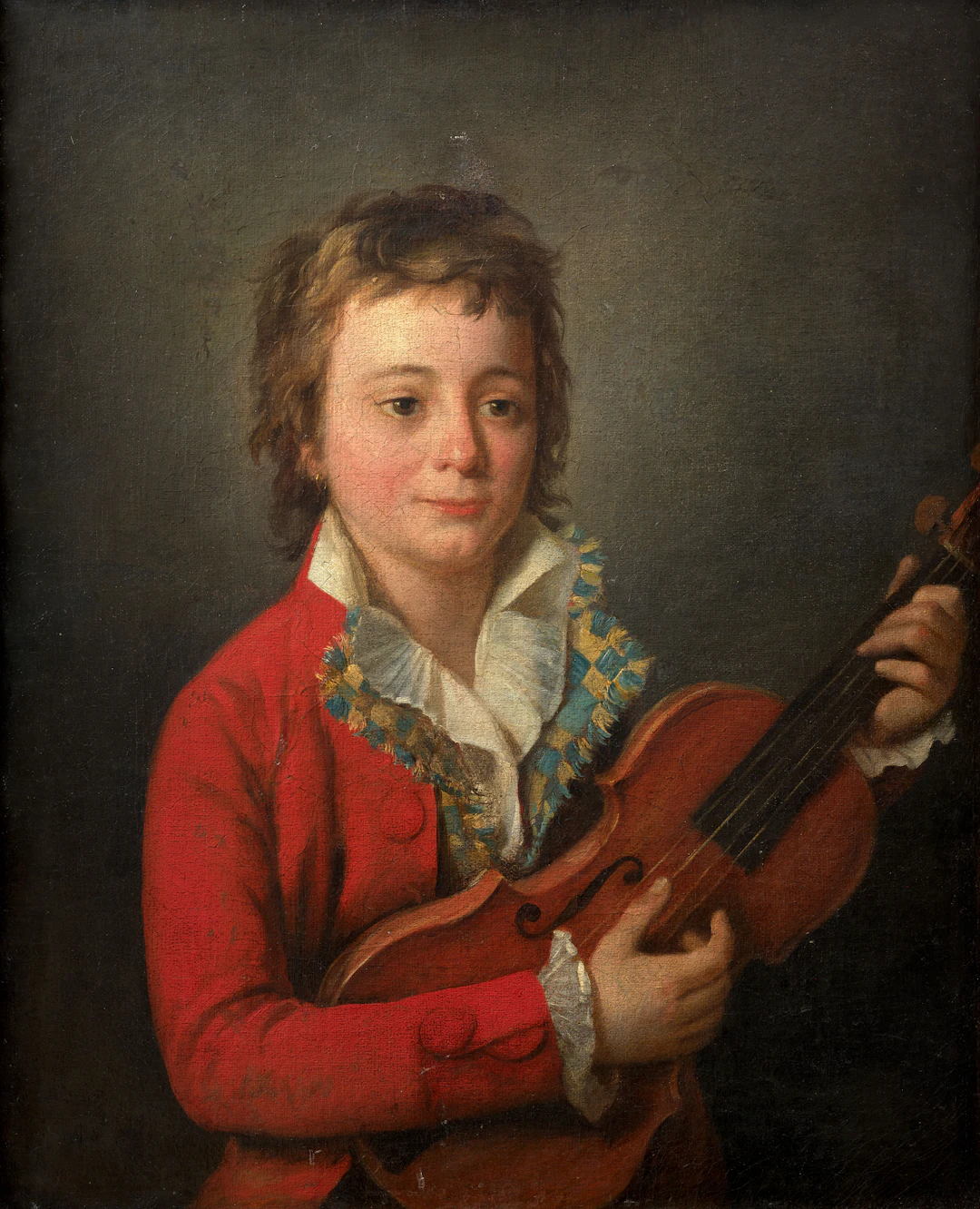 Ecole française vers 1785 Portrait d'un jeune garçon au gilet tissé