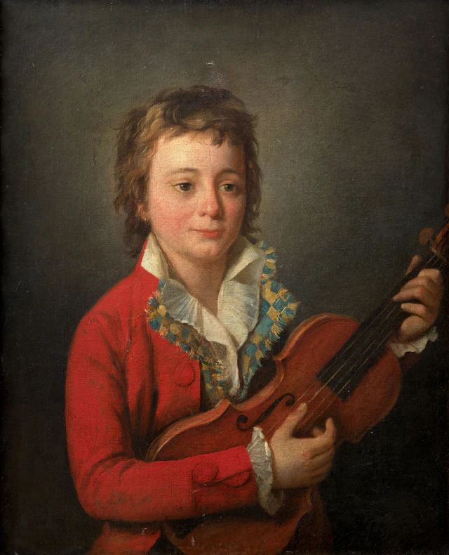 Ecole française vers 1785 Portrait d'un jeune garçon au gilet tissé