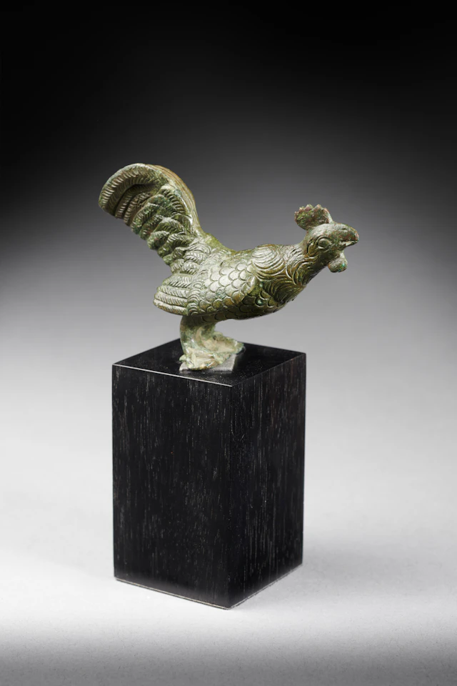 A Roman bronze crowing cockerel