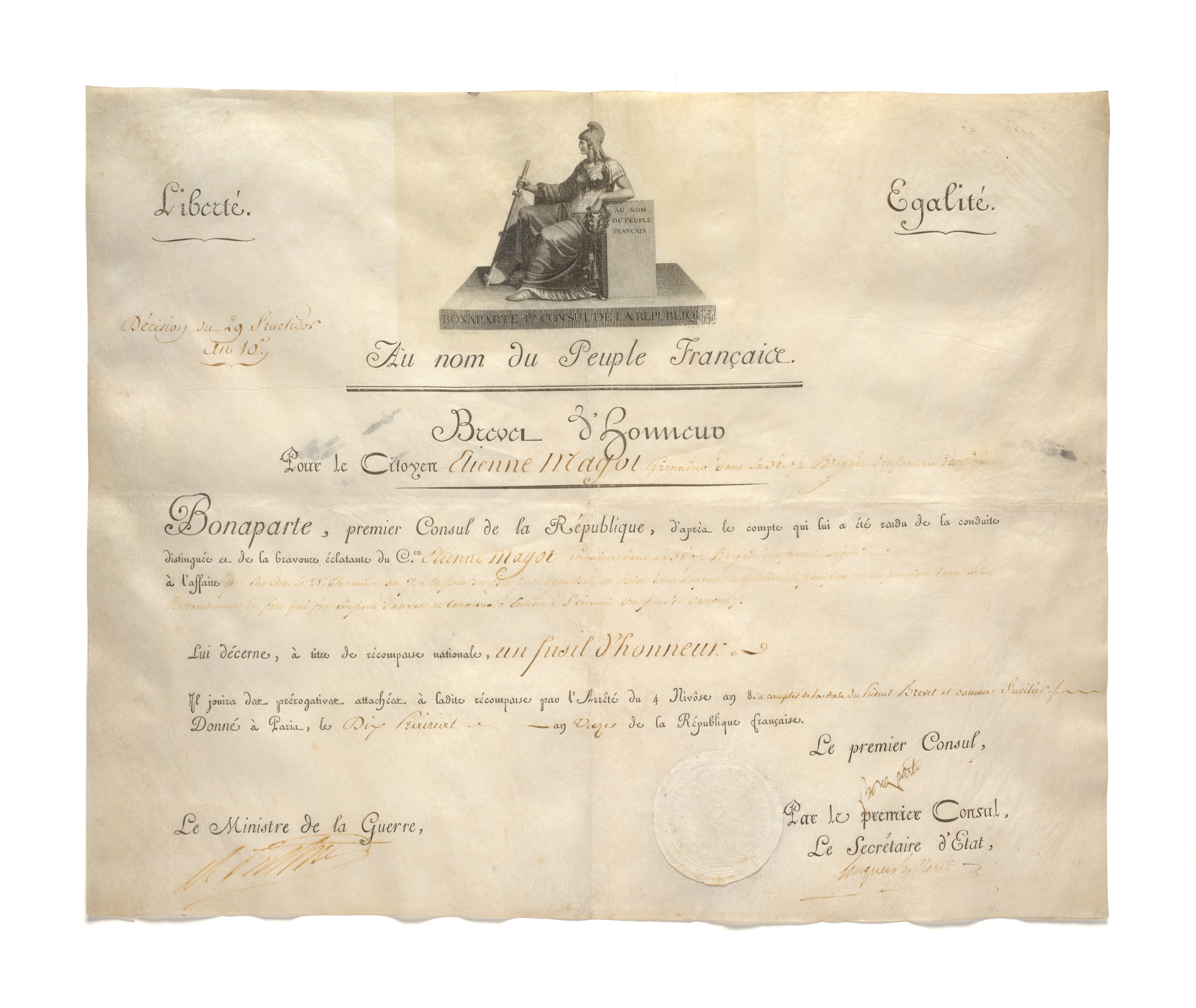 RARE BREVET DE FUSIL D’HONNEUR DU CITOYEN ETIENNE MAGOT, GRENADIER