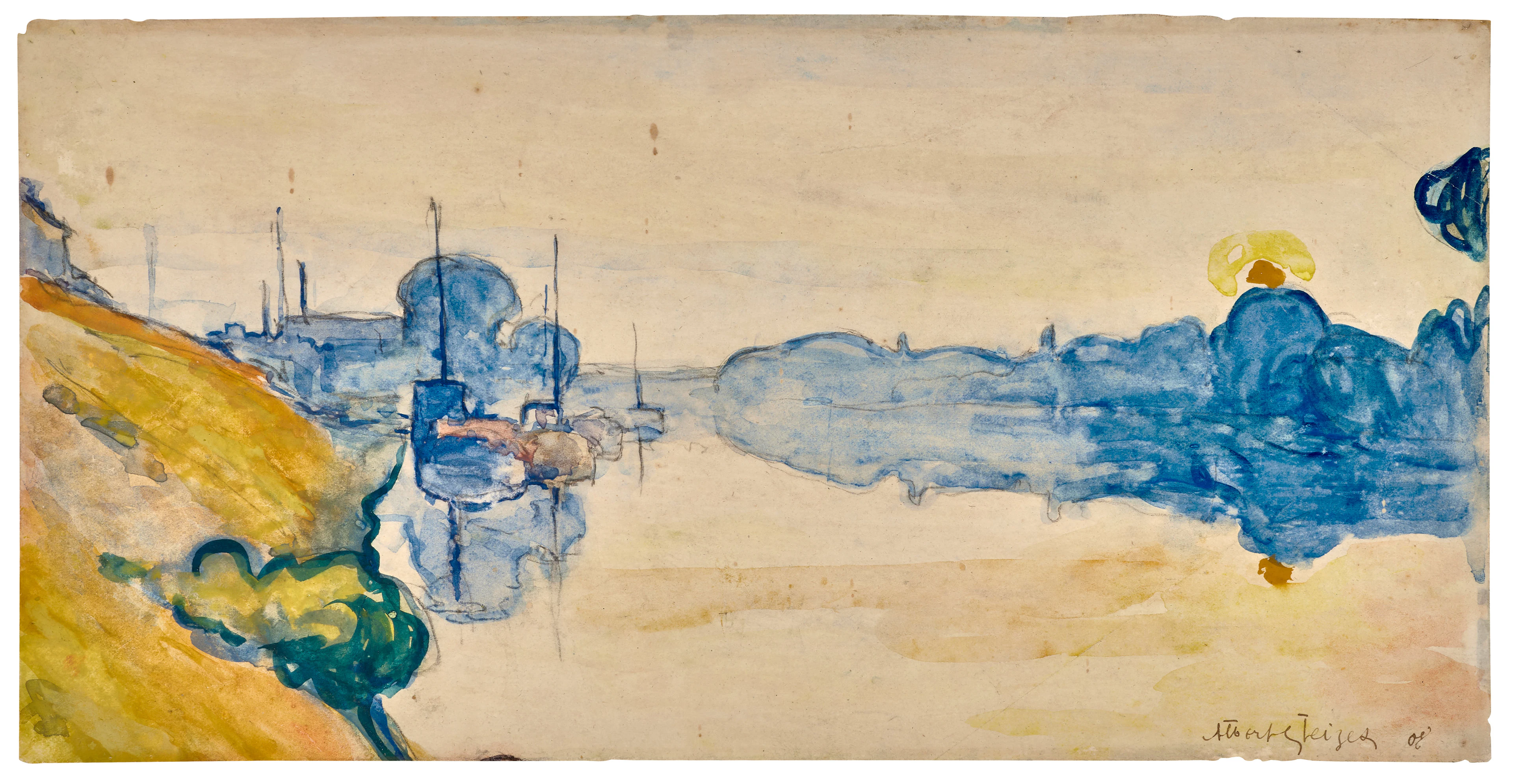 Albert GLEIZES 1881-1953 Canal et bateaux en bord de Seine à Courbevoie - 1908