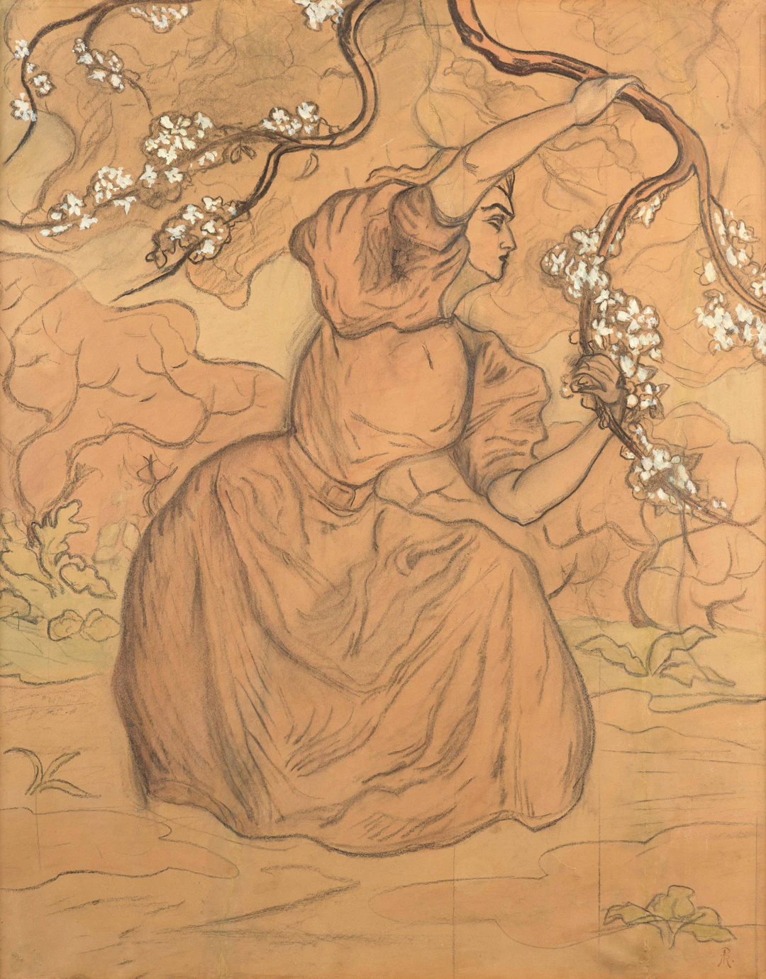 Femme accroupie, étude pour Femmes sous les arbres en fleur ou Le