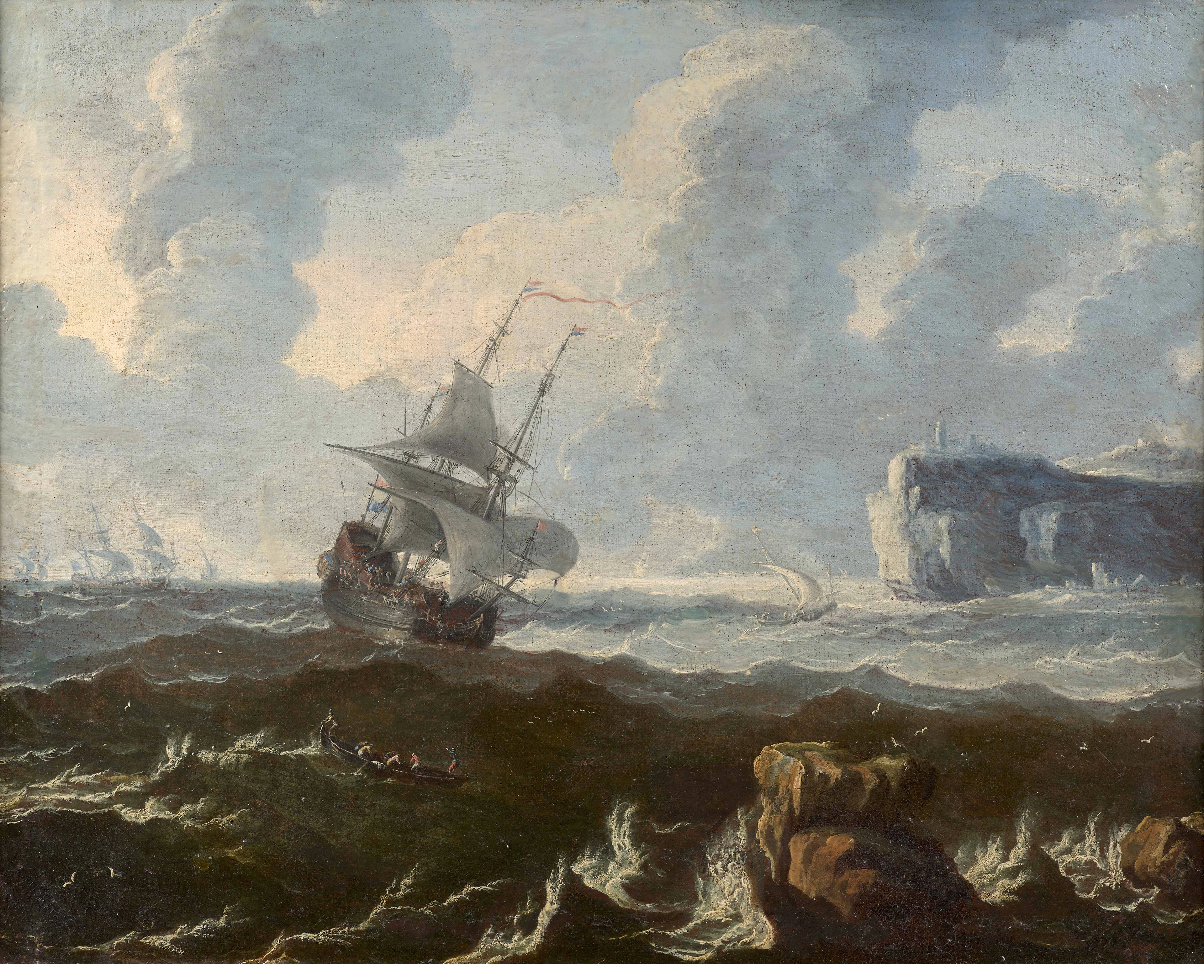 Ecole hollandaise du XVIIe siècle Trois-mâts proche d'un littoral rocheux