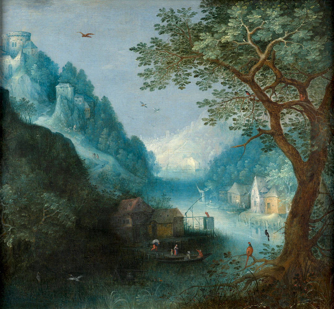 Adriaen van STALBEMT Anvers, 1580 - 1662 Paysage fluvial animé de