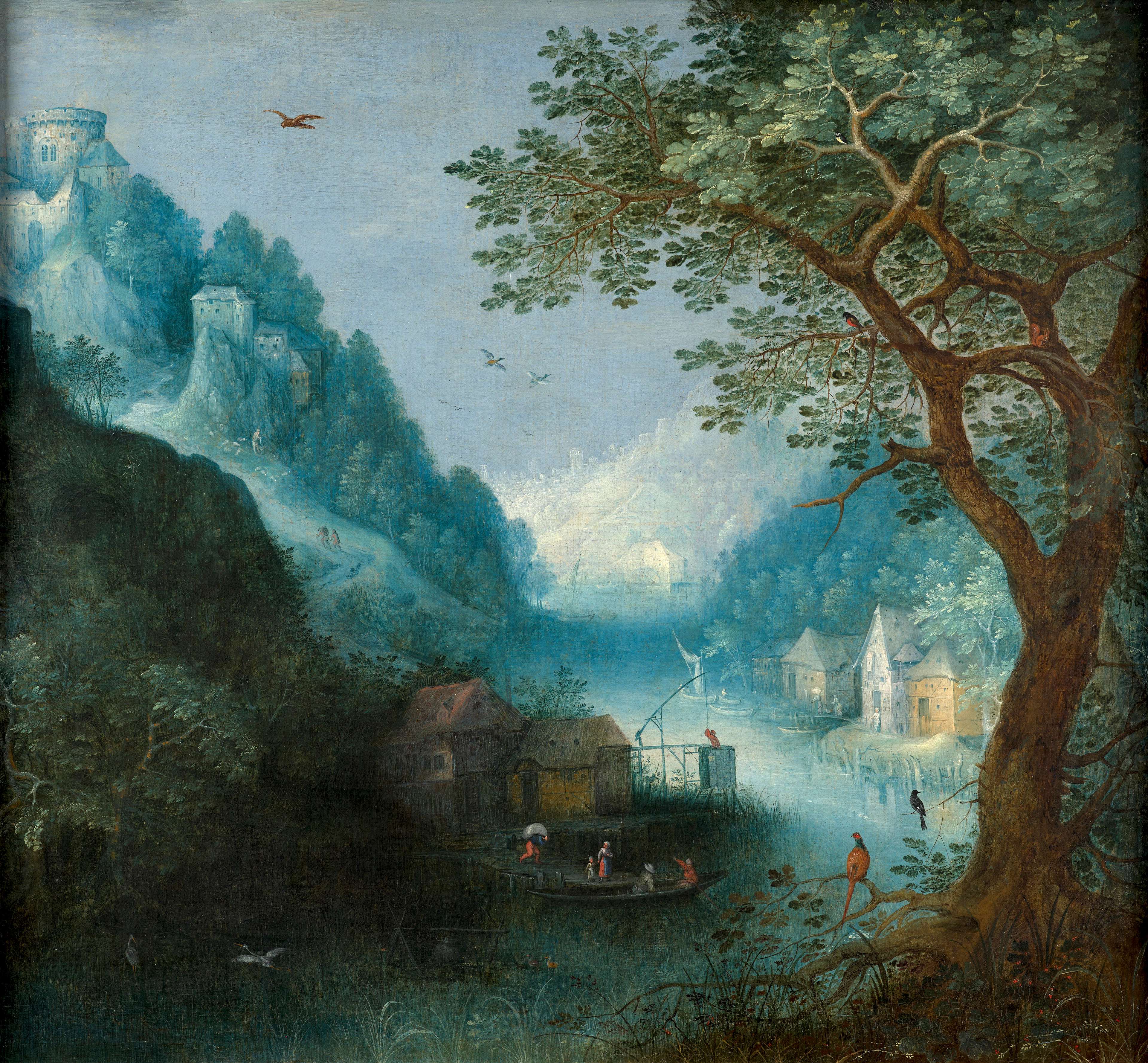 Adriaen van STALBEMT Anvers, 1580 - 1662 Paysage fluvial animé de