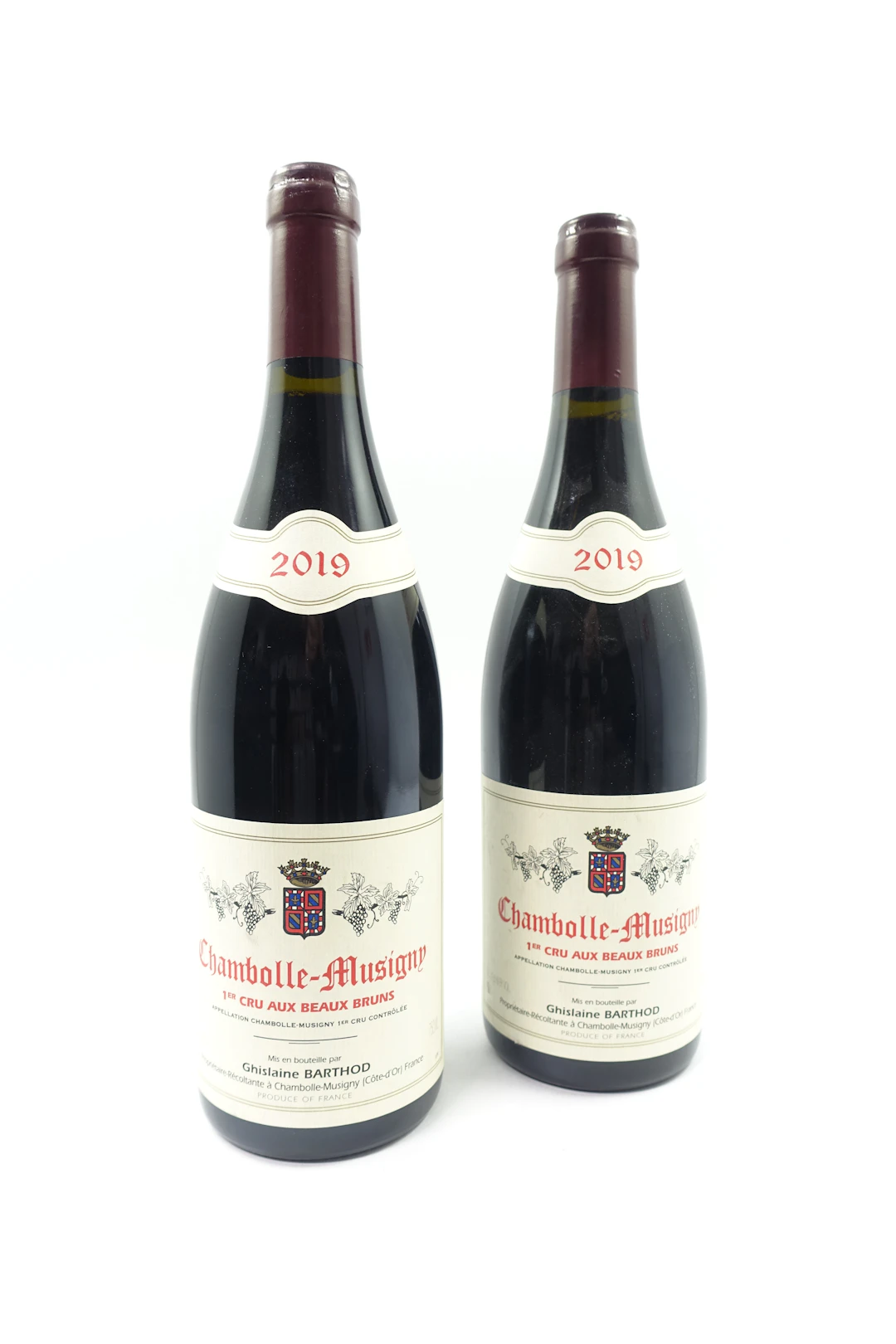 2 bts CHAMBOLLE MUSIGNY 2019 1er Cru Aux Beaux Bruns. Ghislaine Barthod