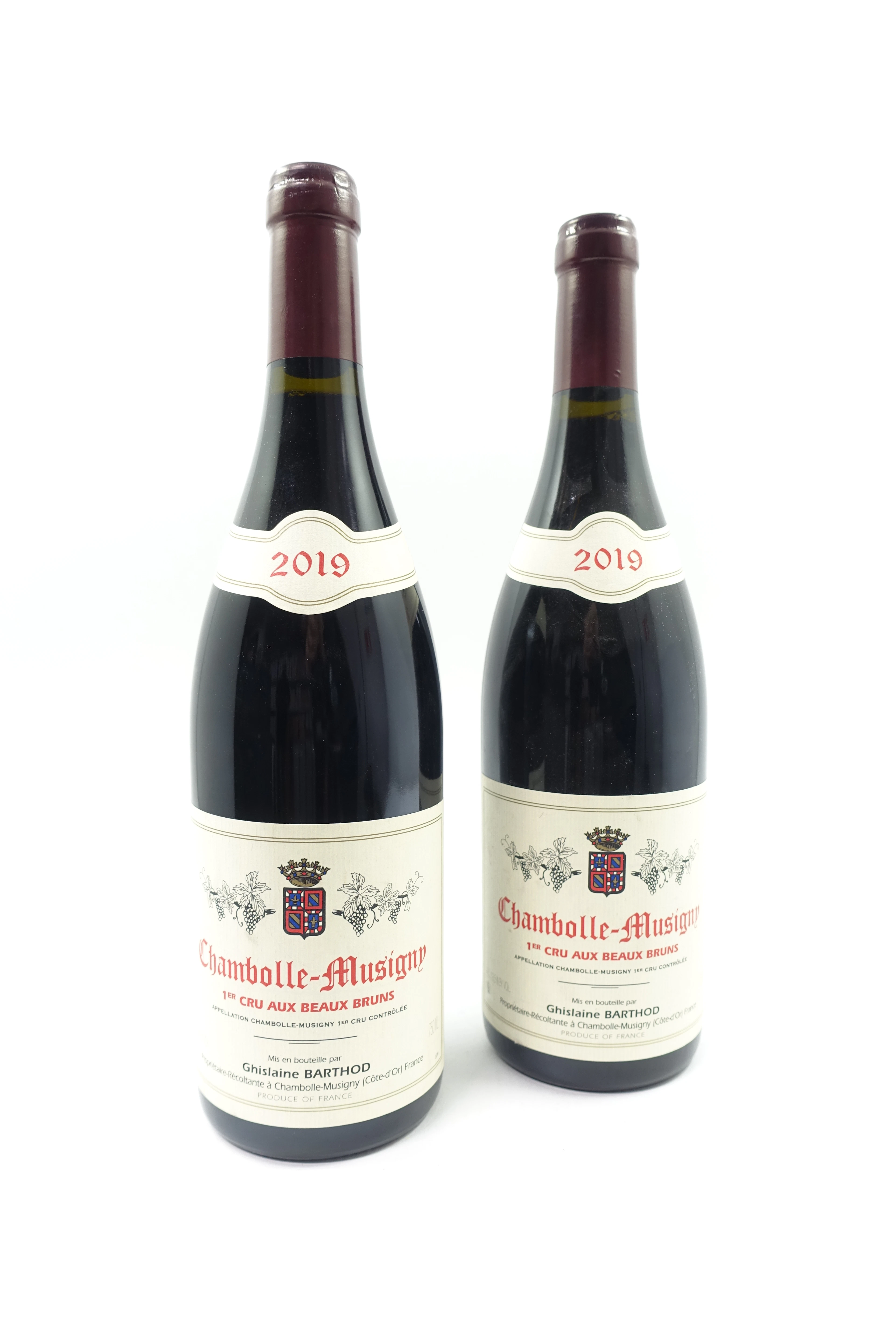 2 bts CHAMBOLLE MUSIGNY 2019 1er Cru Aux Beaux Bruns. Ghislaine Barthod