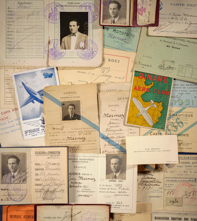 INTERESSANT ENSEMBLE DE DOCUMENTS D’IDENTITE DE JEAN MERMOZ