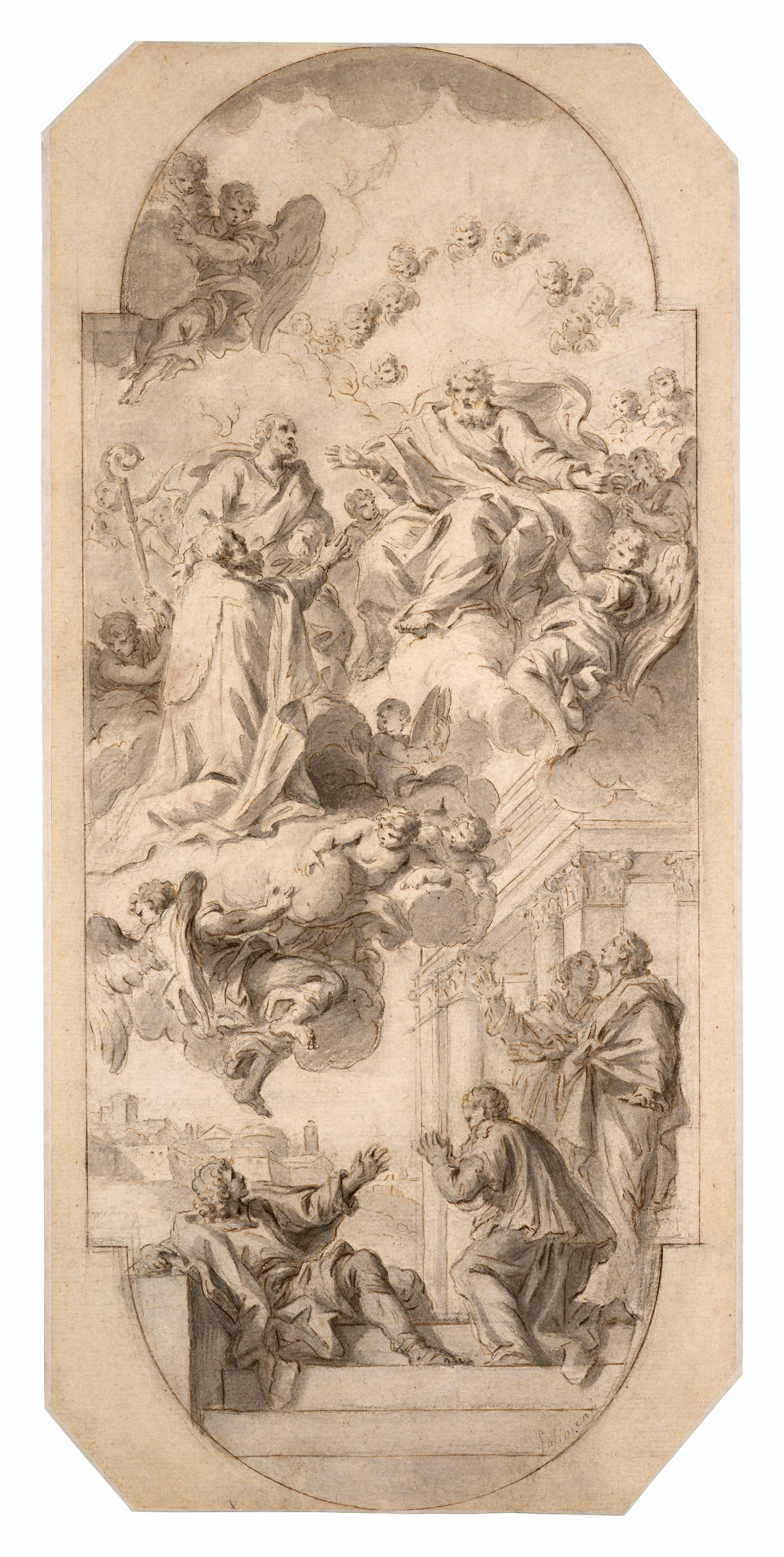 Ecole italienne vers 1700 L’apothéose d’un saint évêque, étude de