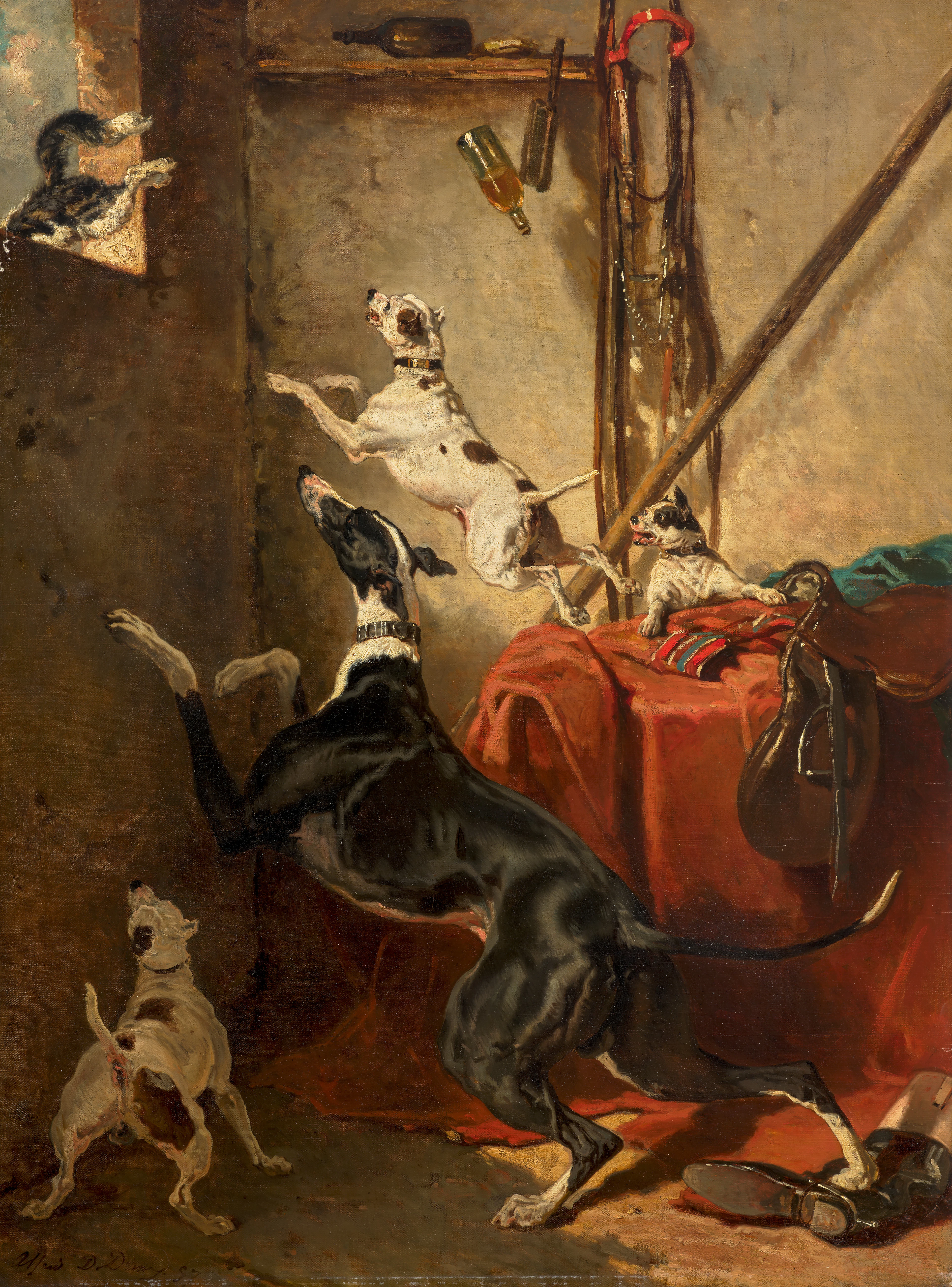 Alfred de DREUX Paris, 1810-1860 Quatre chiens poursuivant un chat