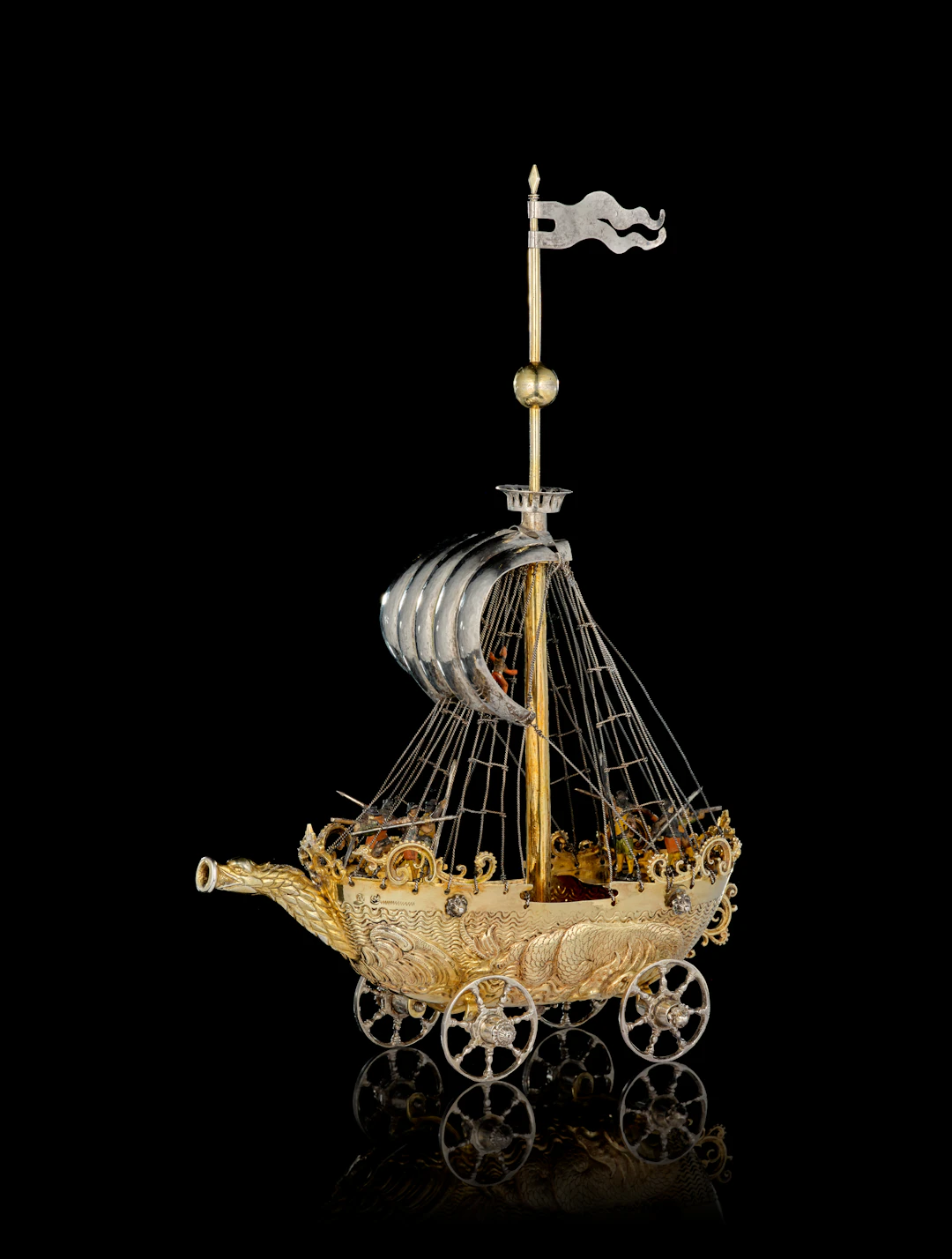 A Royal German parcel-gilt enameled silver nef, Georg Müllner, Nuremberg