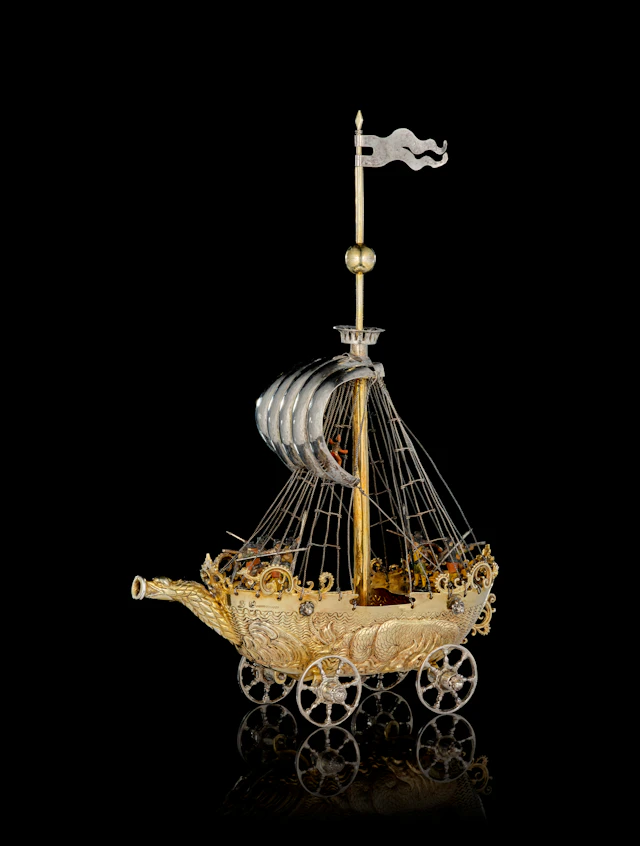 A Royal German parcel-gilt enameled silver nef, Georg Müllner, Nuremberg
