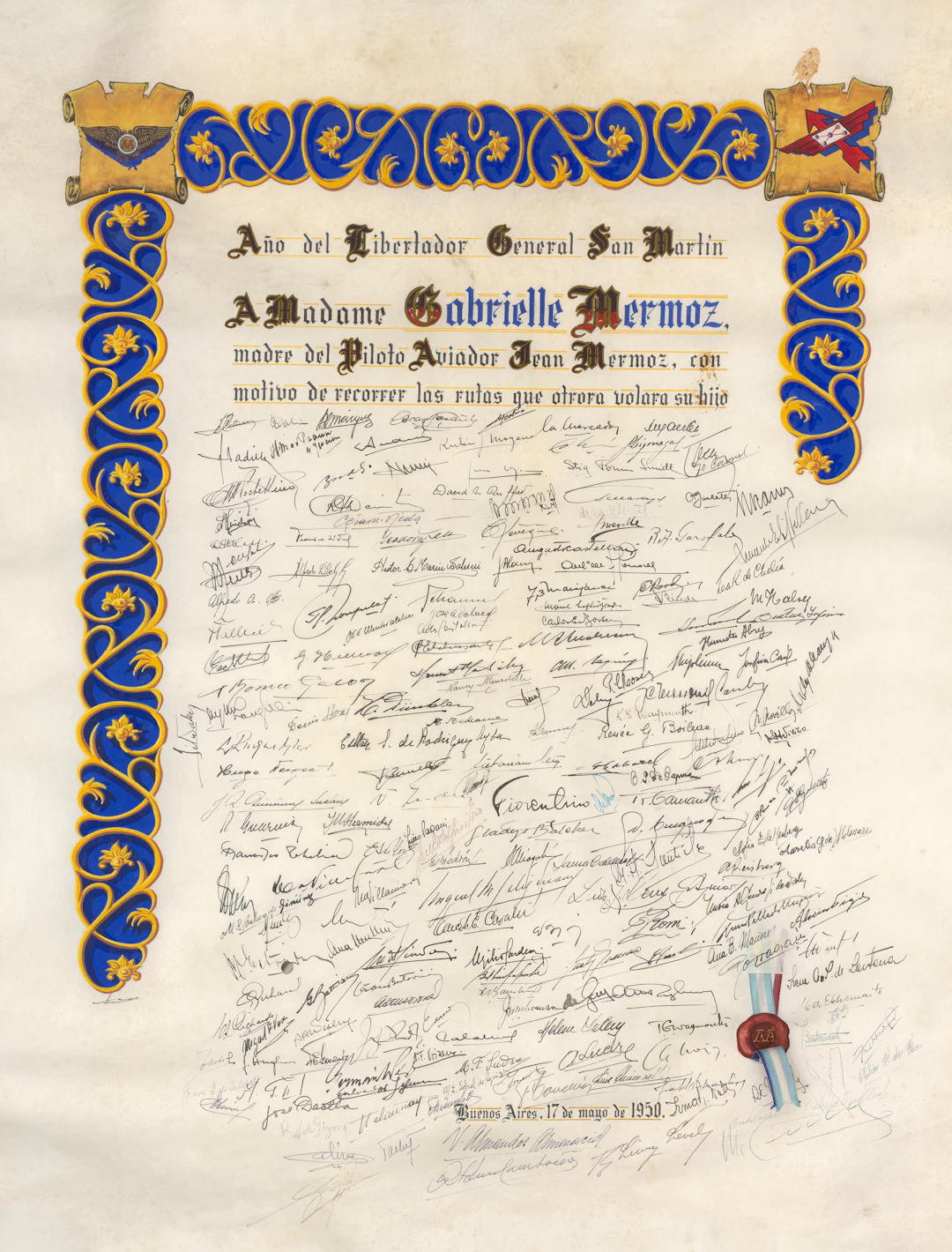 GRAND BREVET DE RECONNAISSANCE OFFERT À LA MÈRE DE JEAN MERMOZ EN 1950