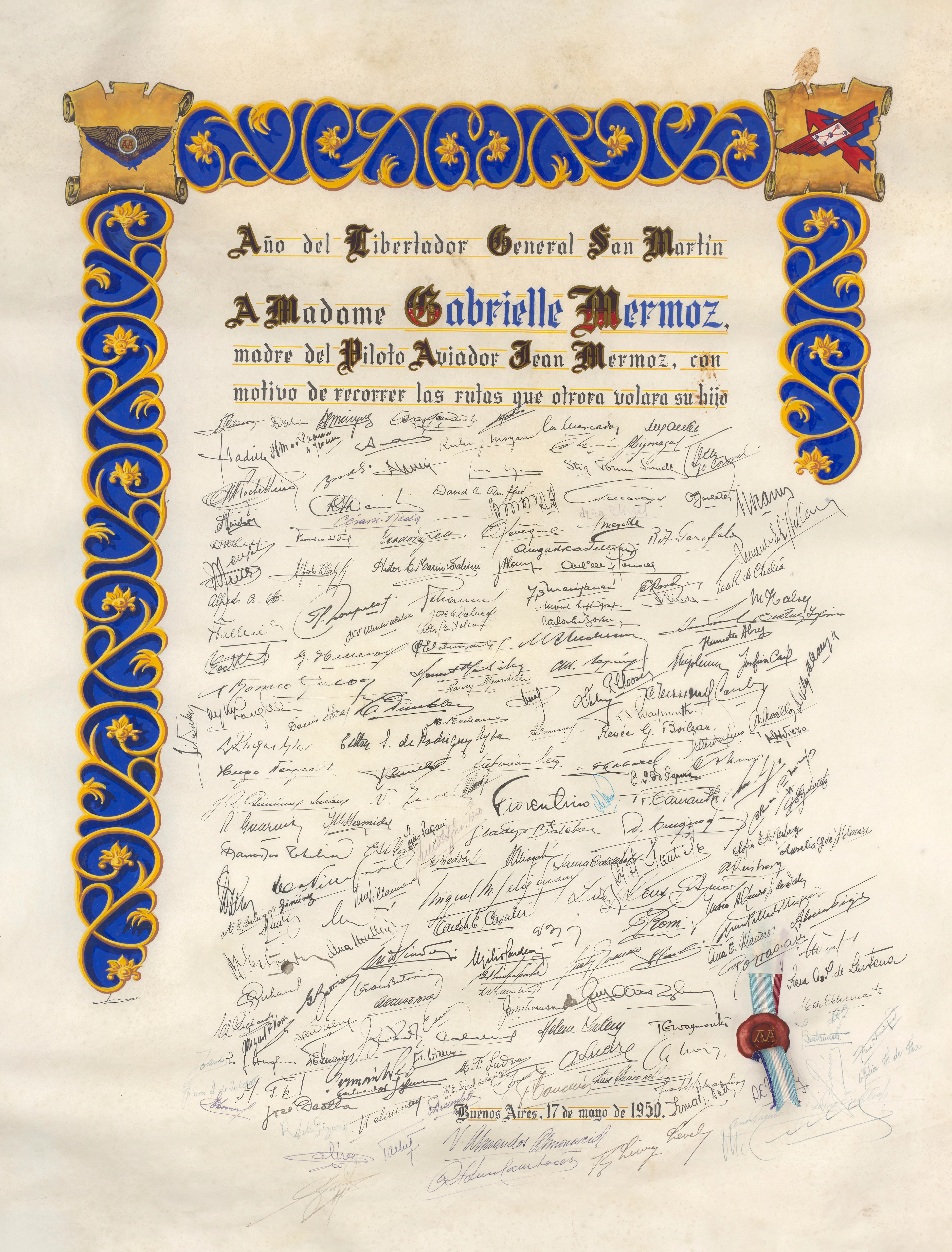 GRAND BREVET DE RECONNAISSANCE OFFERT À LA MÈRE DE JEAN MERMOZ EN 1950