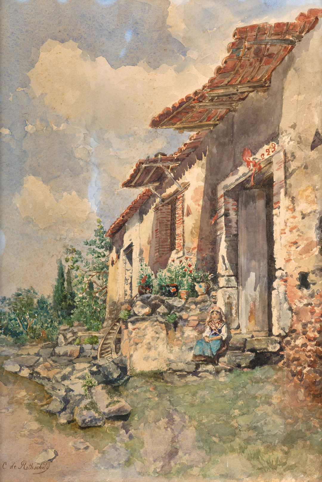 Charlotte de ROTHSCHILD Paris, 1825-1899 Jeune fille assise devant une maison