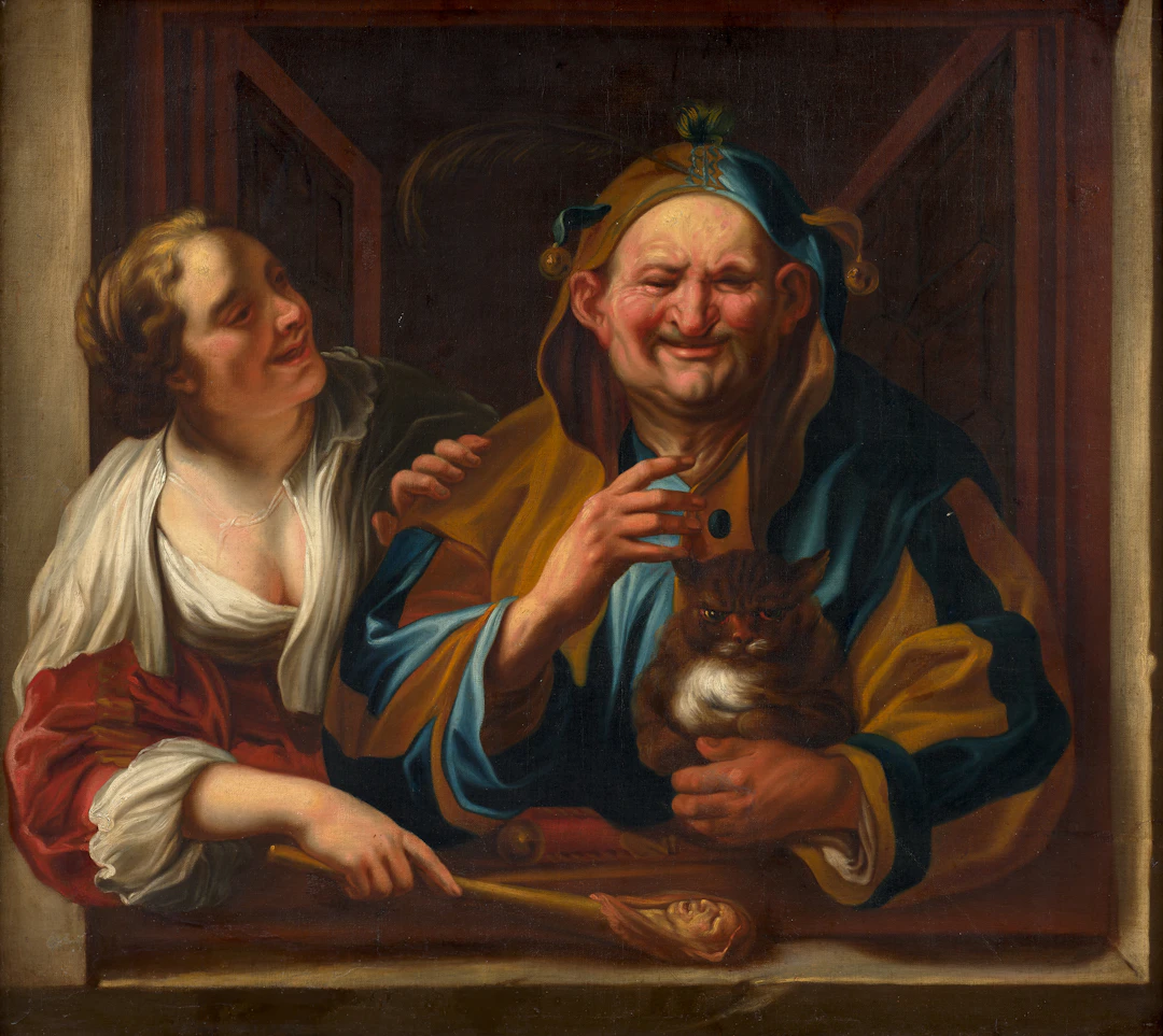 Jacob JORDAENS Anvers, 1593-1678 La belle et le bouffon au chat –