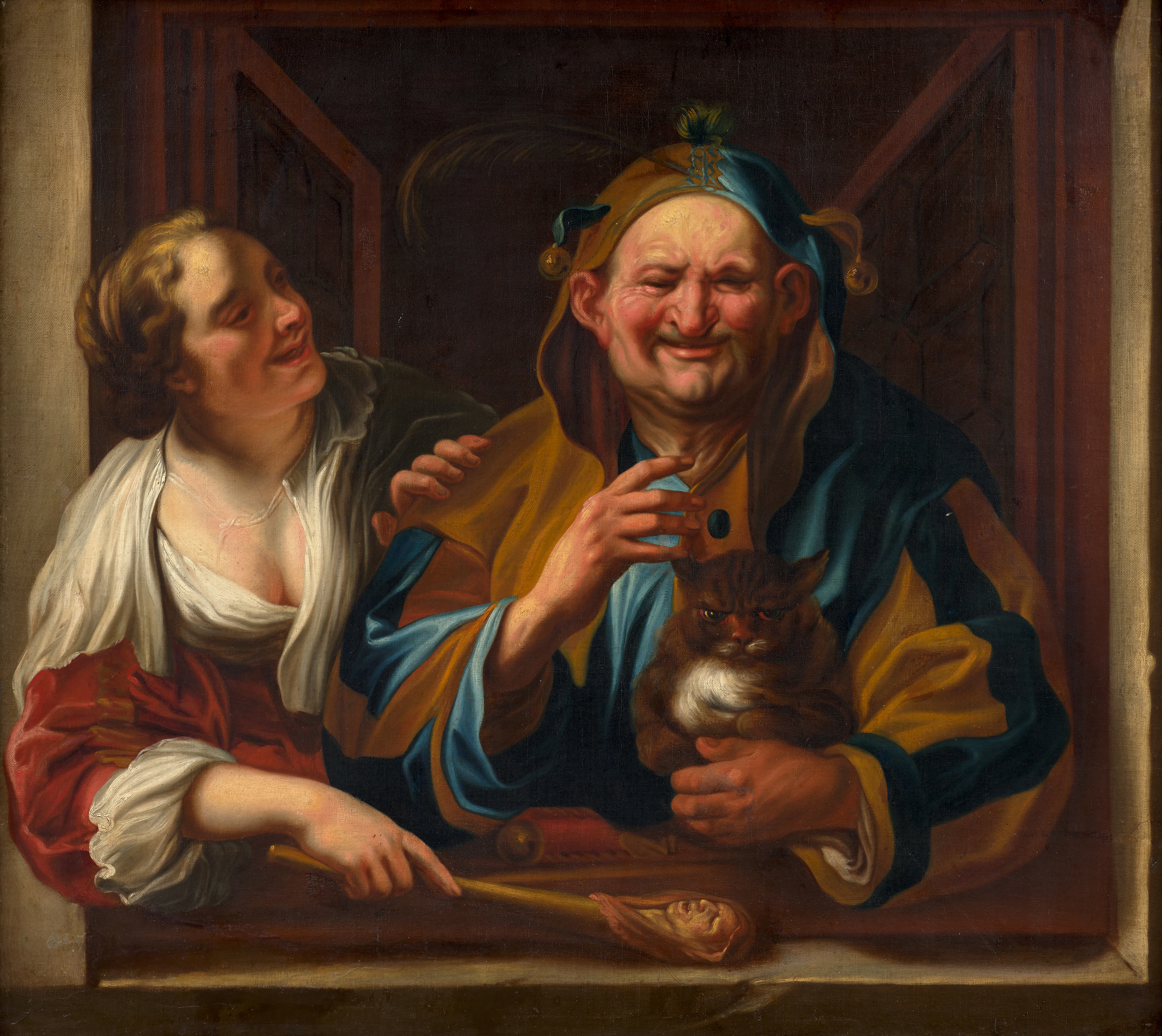 Jacob JORDAENS Anvers, 1593-1678 La belle et le bouffon au chat –