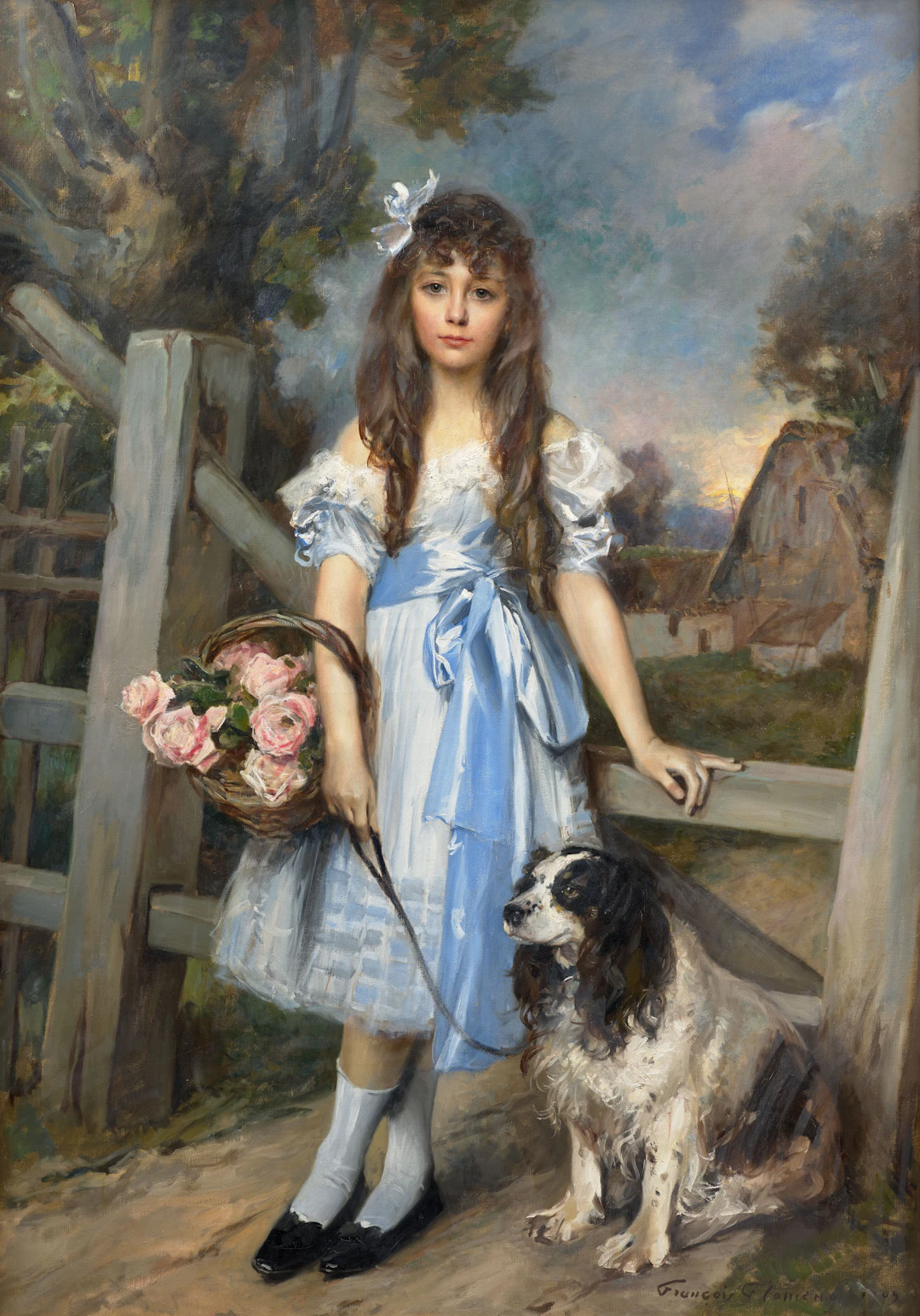François FLAMENG Paris, 1856–1923 Portrait d’une jeune fille tenant