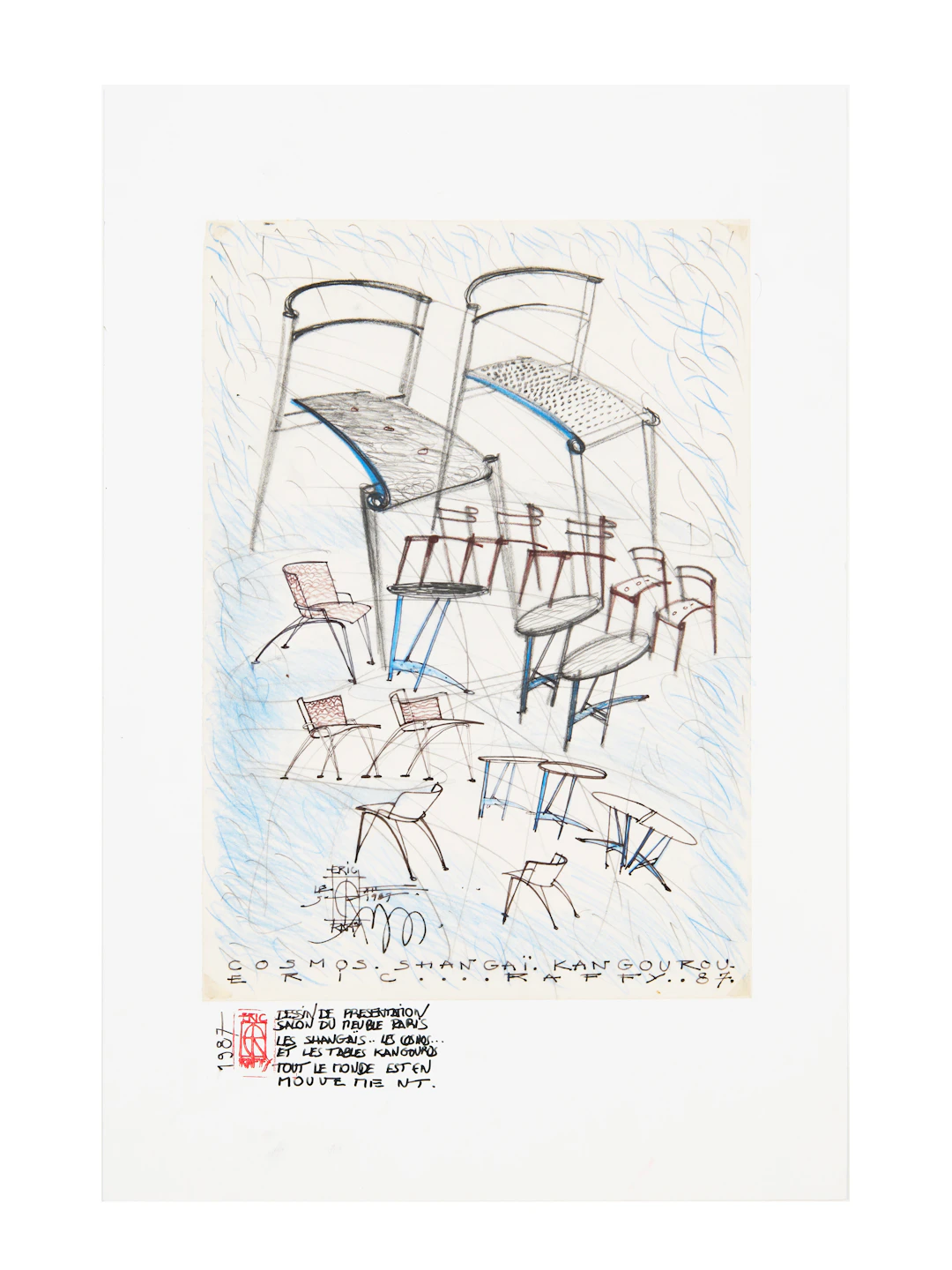 Éric RAFFY Né en 1951 Dessin de préparation chaise "Shangai "Les Cosmos""