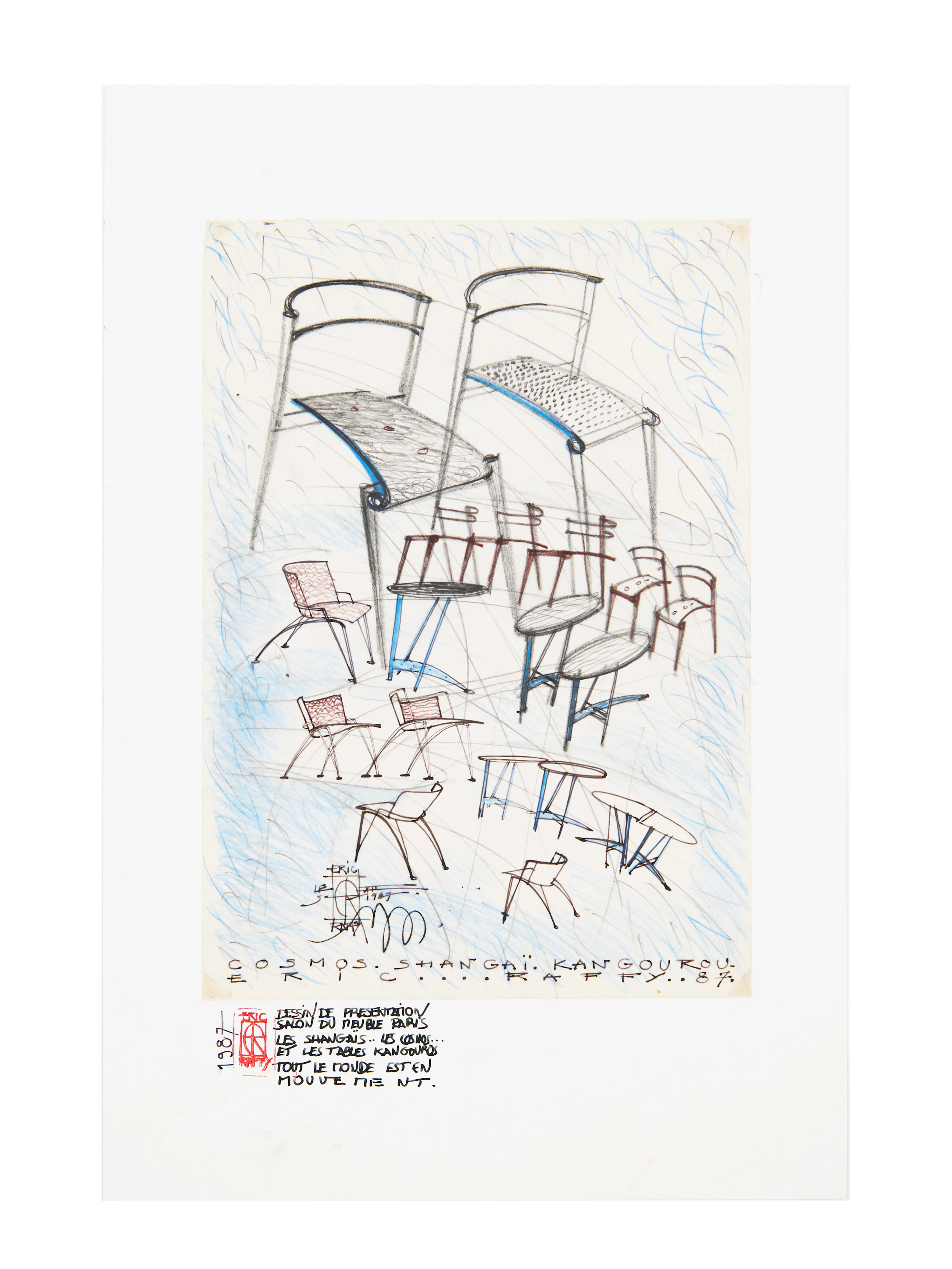 Éric RAFFY Né en 1951 Dessin de préparation chaise "Shangai "Les Cosmos""