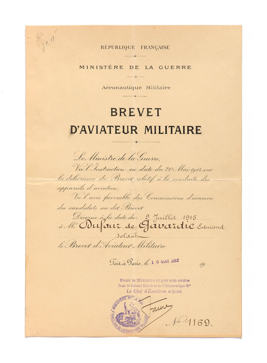 BREVET PAPIER D’AVIATEUR MILITAIRE D’EDMOND DUFAUR DE GAVARDIE