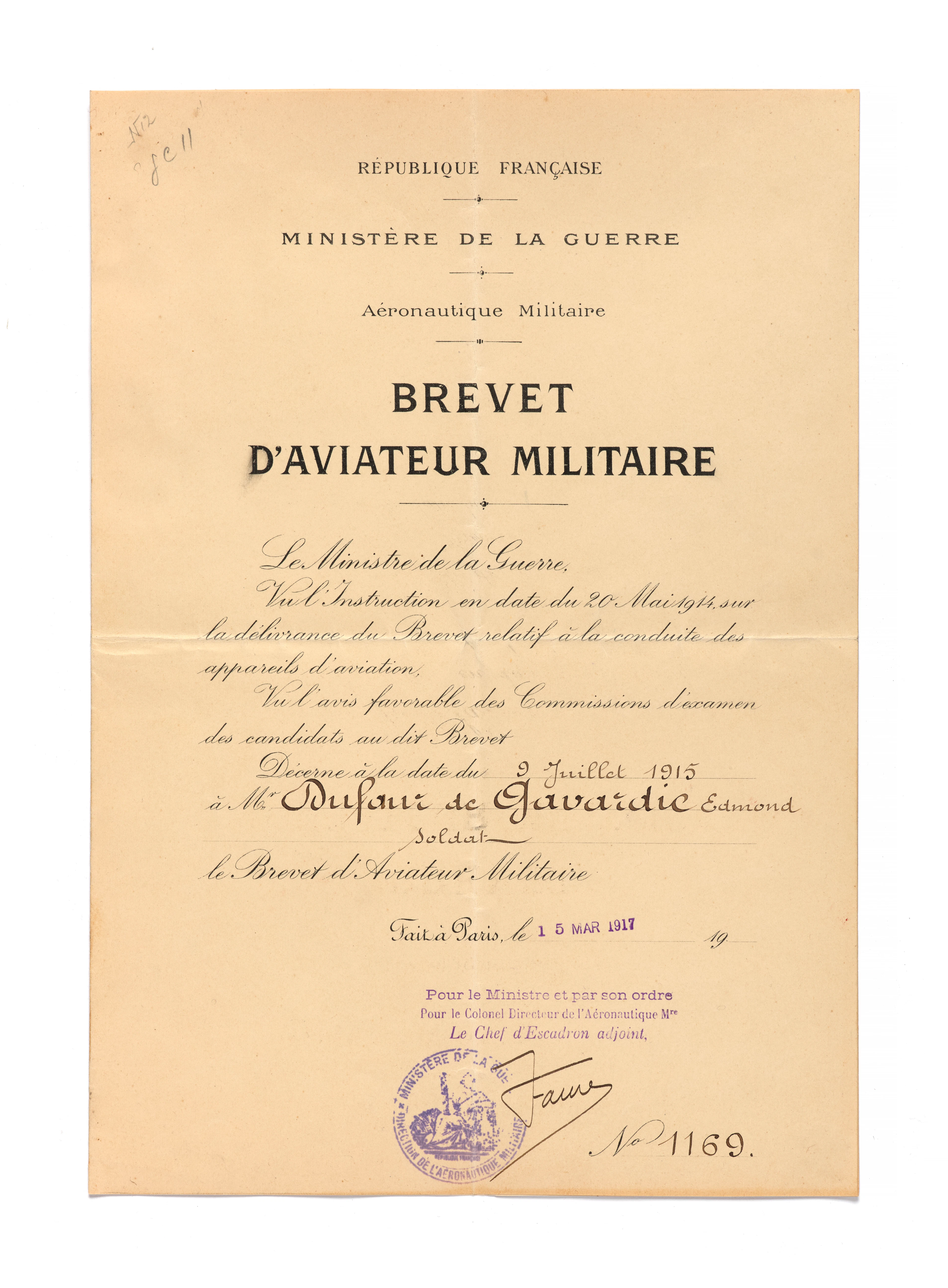 BREVET PAPIER D’AVIATEUR MILITAIRE D’EDMOND DUFAUR DE GAVARDIE
