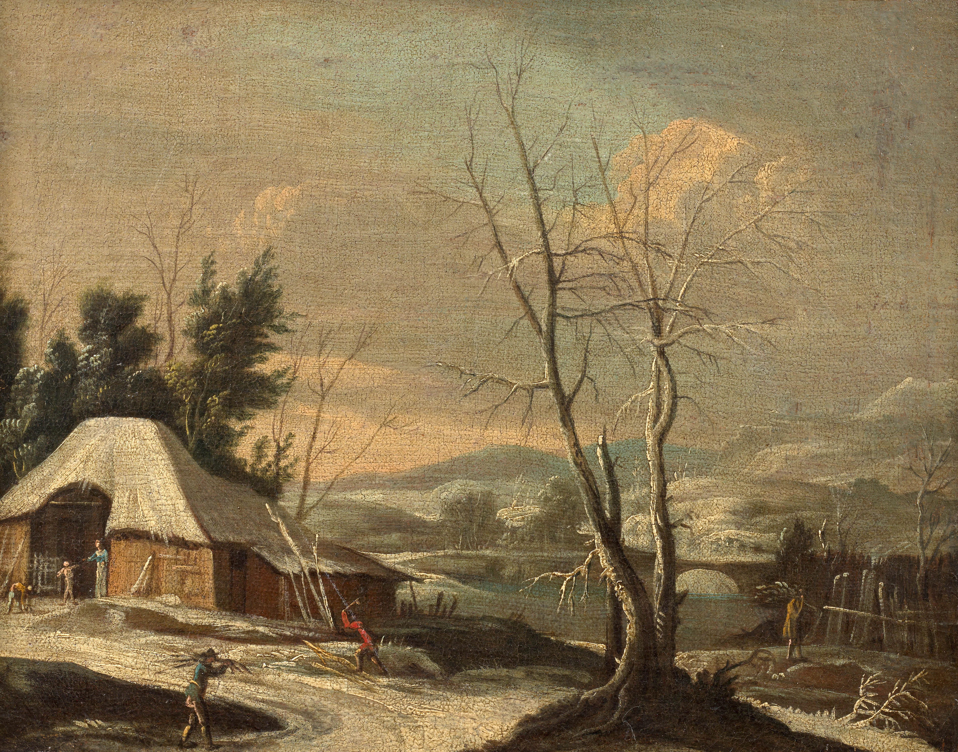 Ecole flamande du XVIIIe siècle Paysage d'hiver à la chaumière