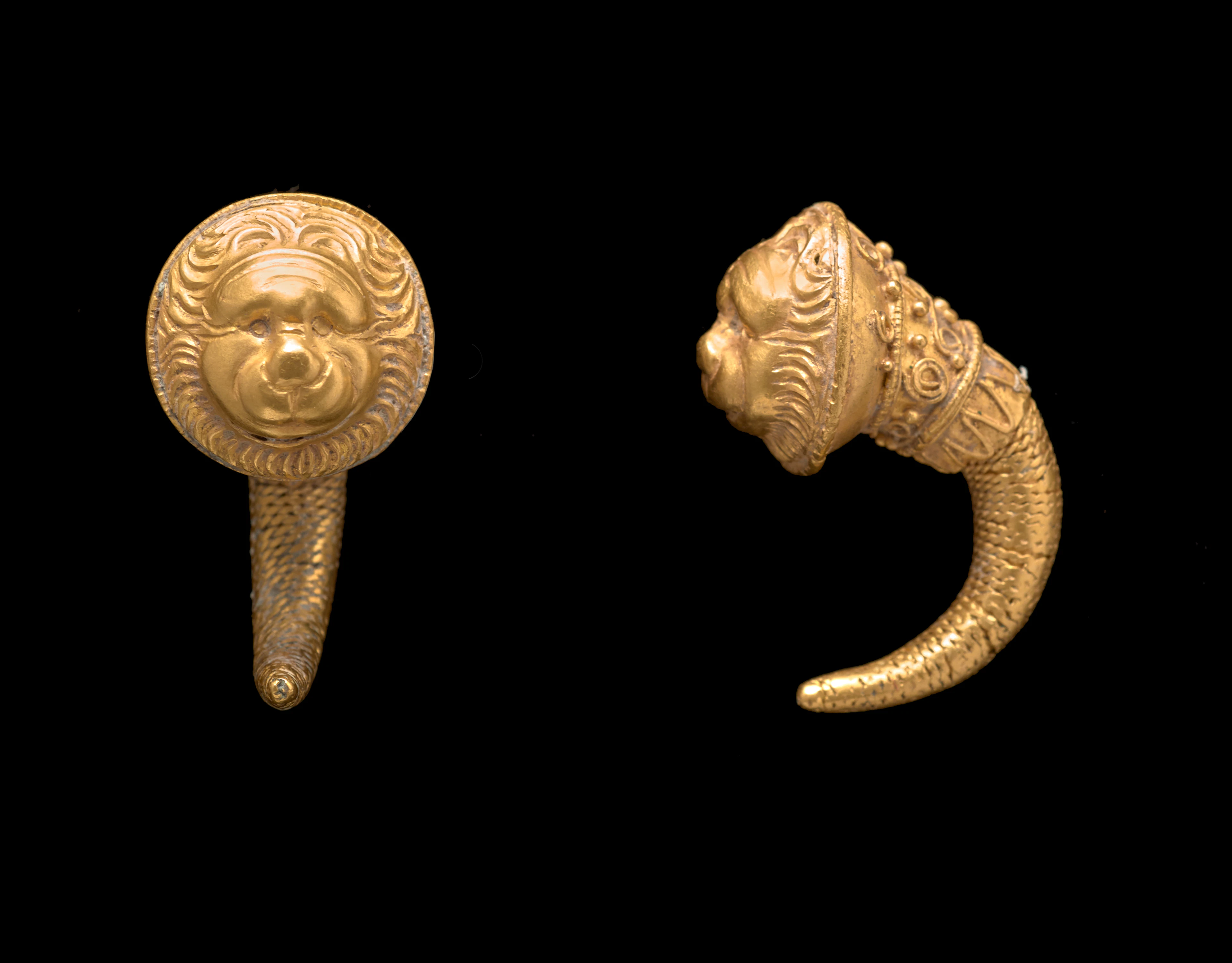 A Hellenistic pair of gold lion-headed earrings