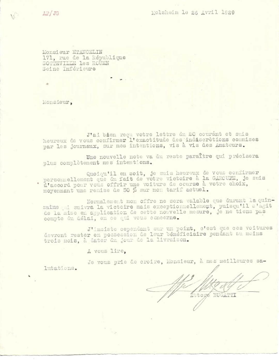 1929 Signed letter from Ettore Bugatti to Philippe Etancelin No reserve