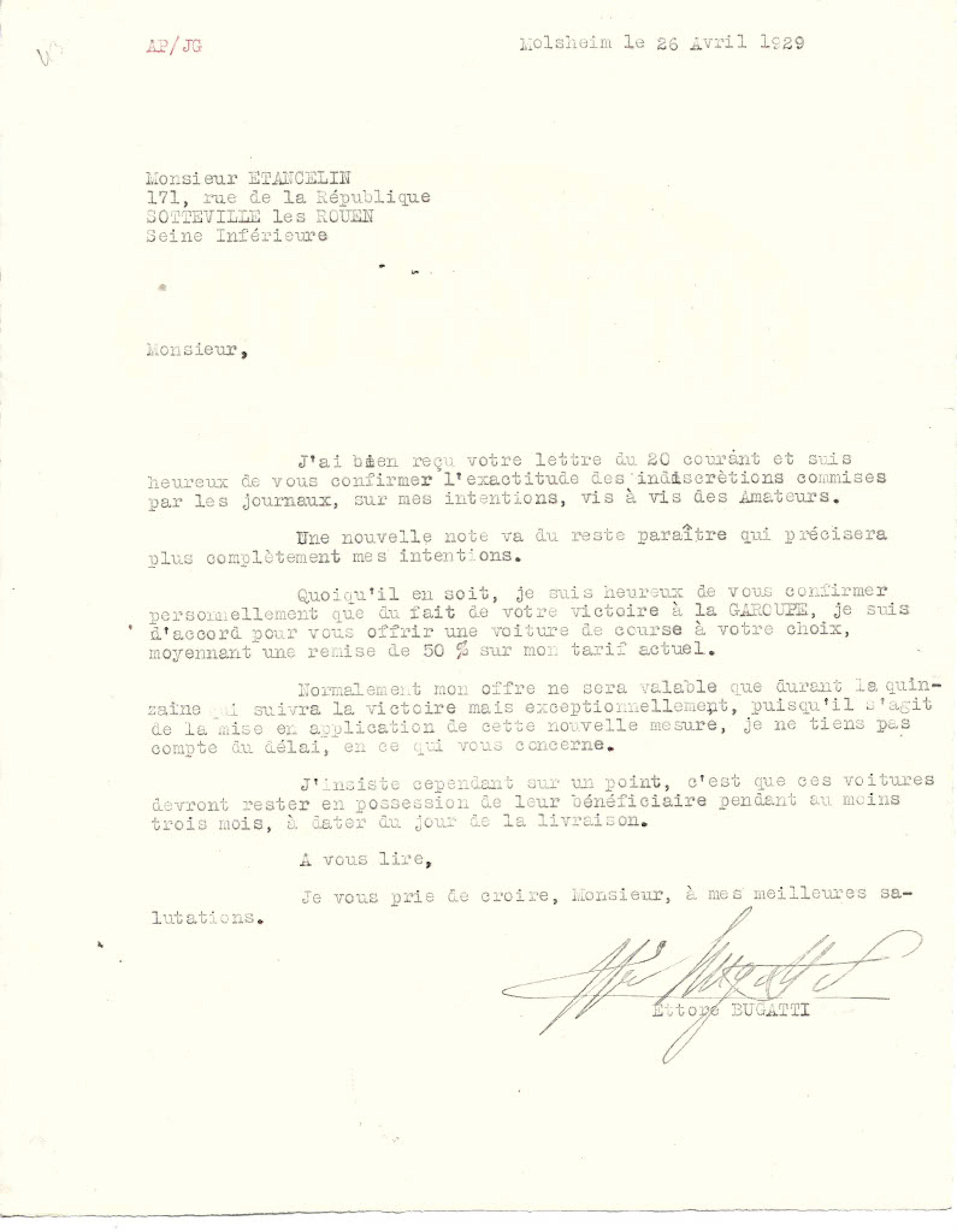 1929 Signed letter from Ettore Bugatti to Philippe Etancelin No reserve