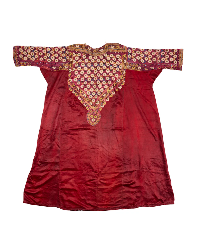 An Embroidered Garnet Silk Dress