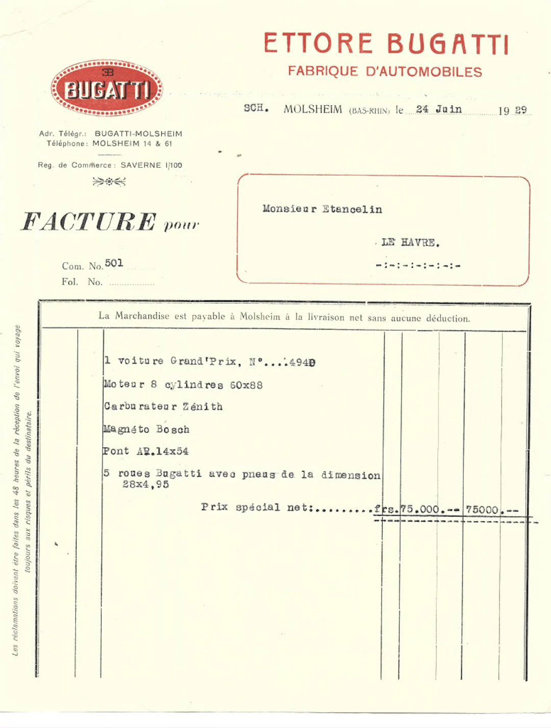1929 Facture d’achat originale Bugatti 35C châssis 4940 No reserve