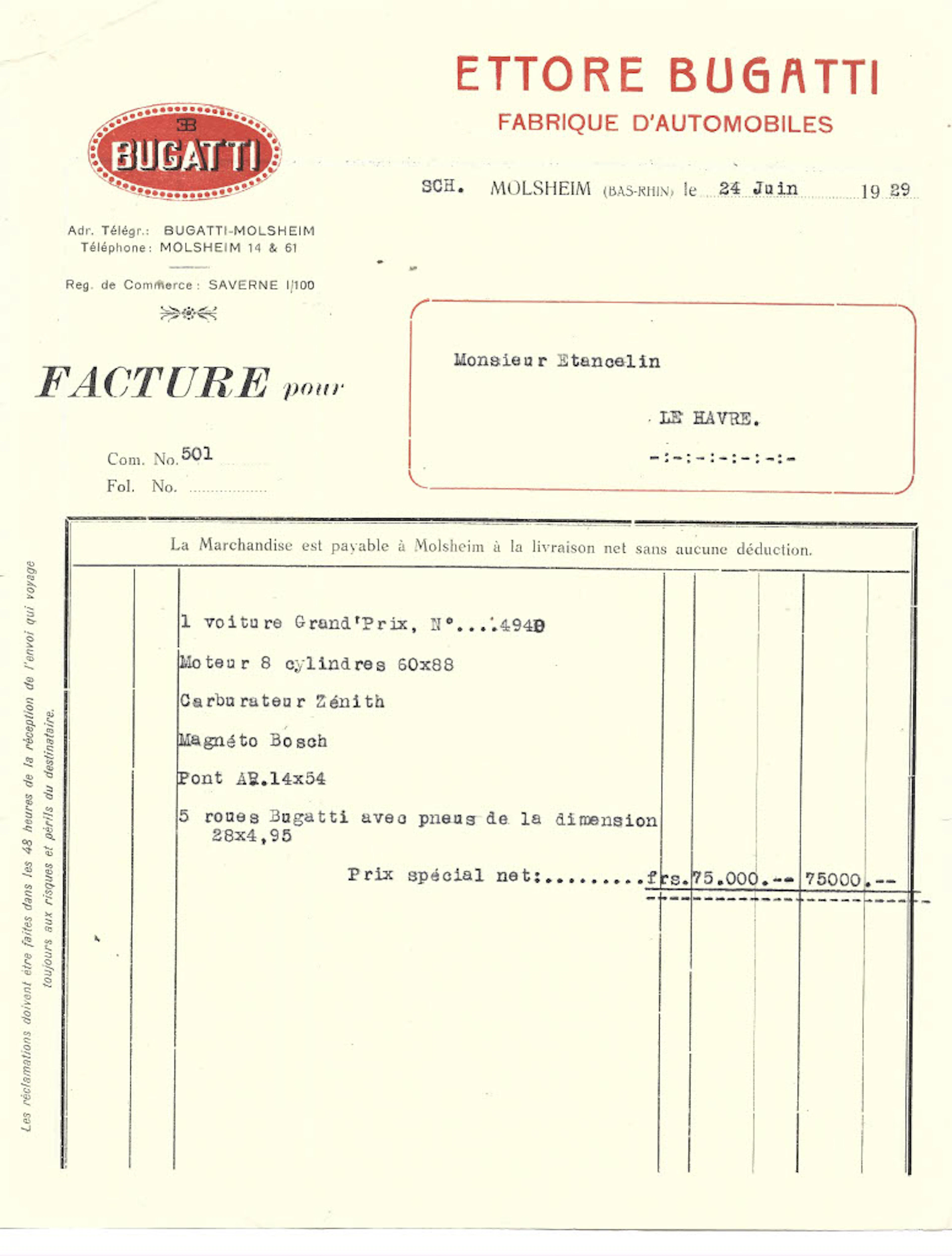 1929 Facture d’achat originale Bugatti 35C châssis 4940 No reserve