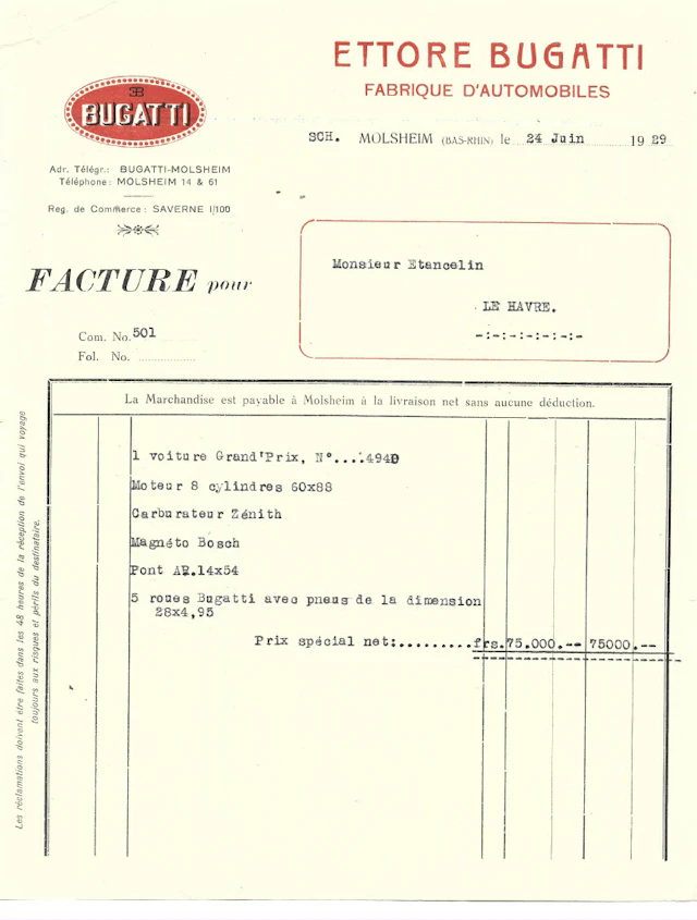 1929 Facture d’achat originale Bugatti 35C châssis 4940 No reserve