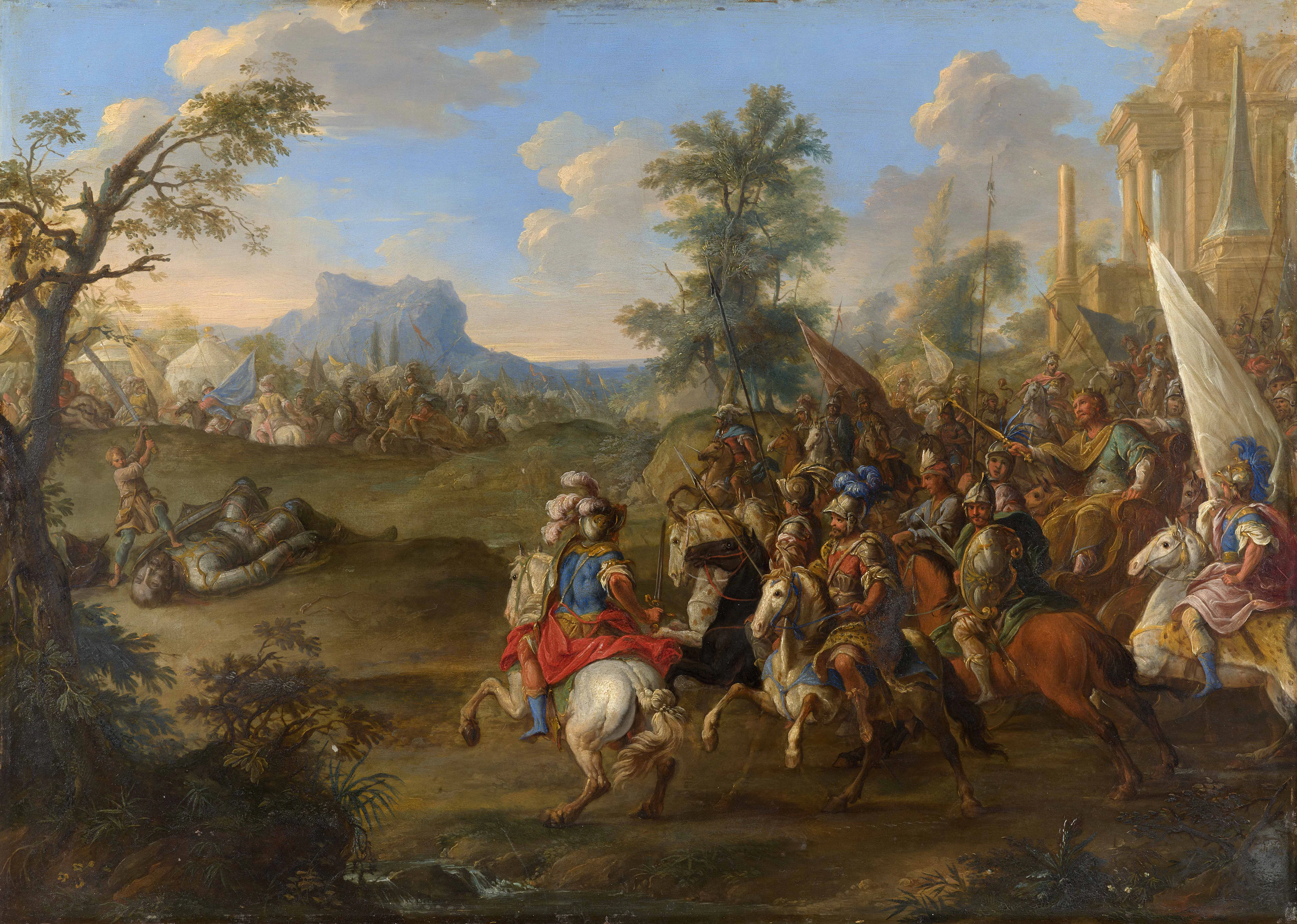 Ecole napolitaine vers 1700 Le roi Saul arrivant après la victoire