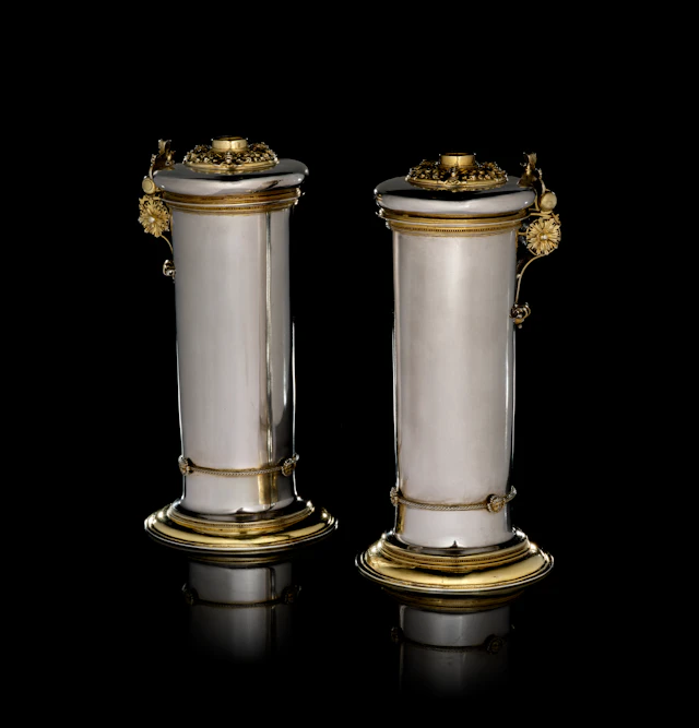 A Latvian pair of parcel-gilt silver tankards, Matthias Rolowes, Riga