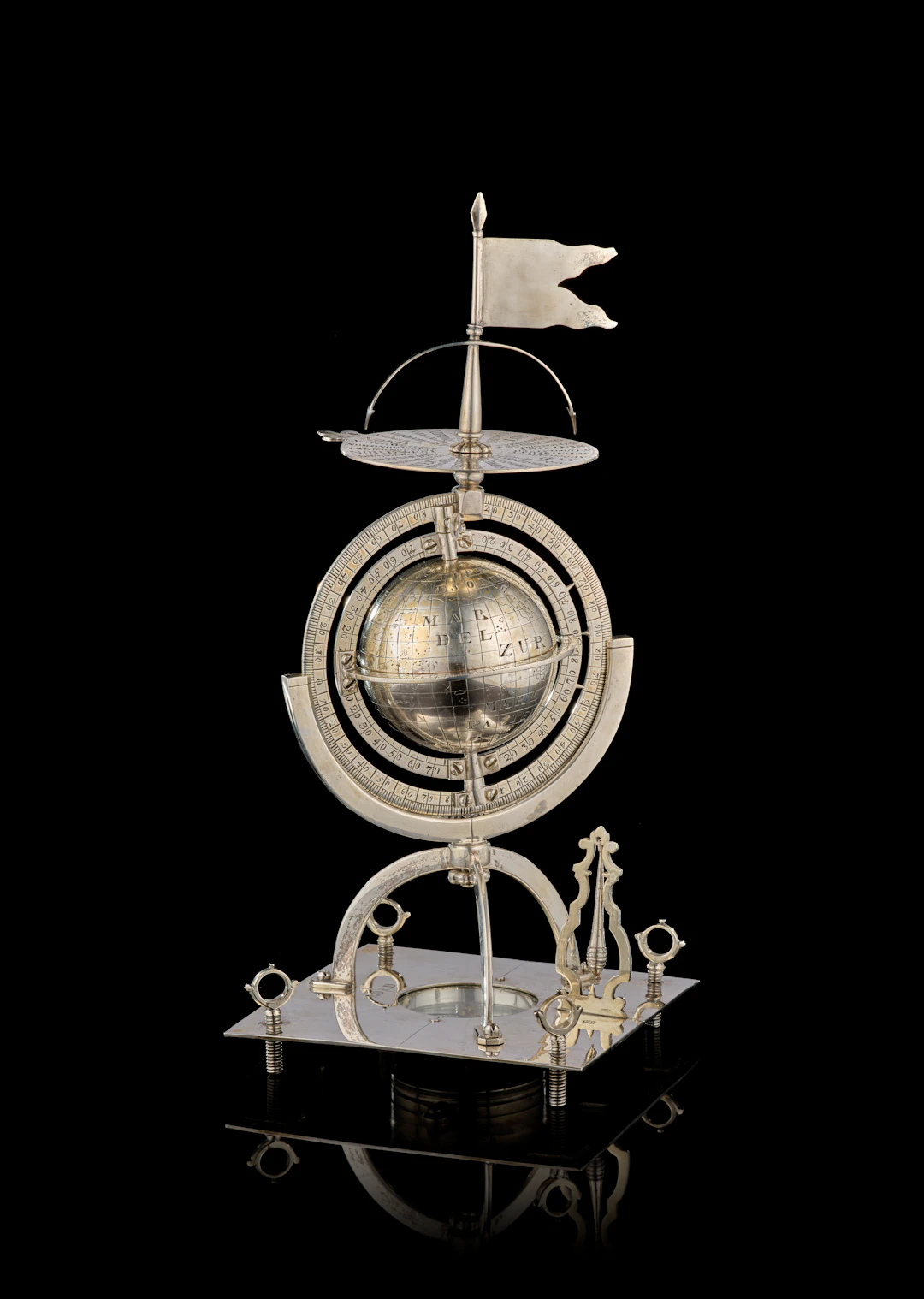 A Swiss silver table compass and globe, Johannes Fechter, Basel, circa 1740