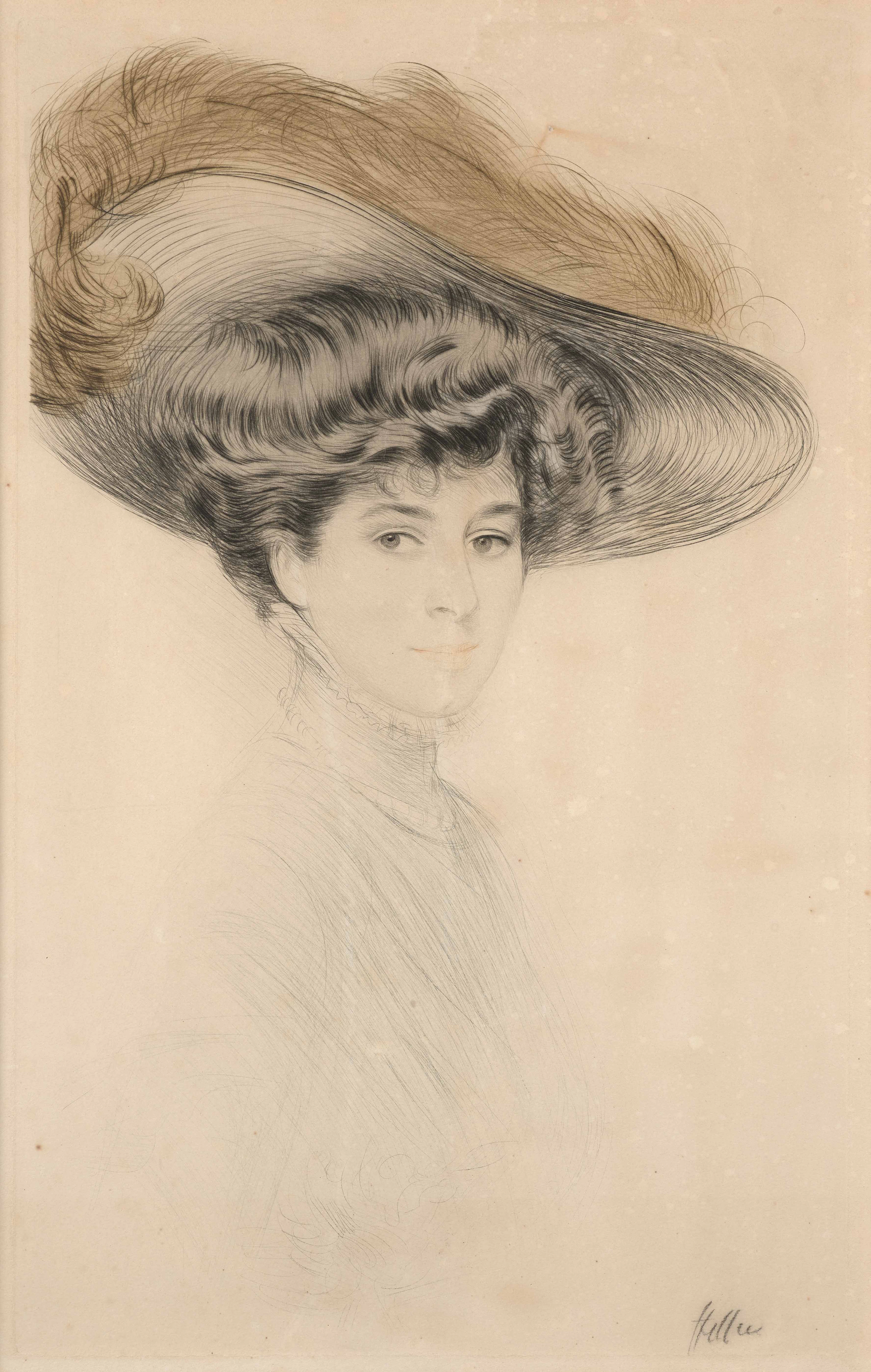 Paul César HELLEU Vannes, 1859 – Paris, 1927 Elégante au chapeau et plume brune
