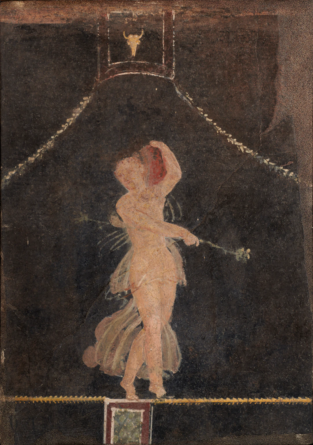 A Roman polychrome fresco fragment with dancing Menad