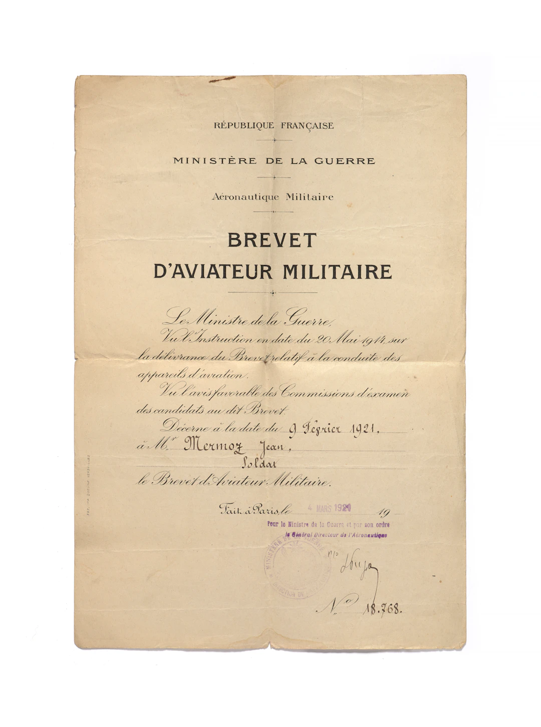 RARE BREVET PAPIER D’AVIATEUR MILITAIRE DE JEAN MERMOZ, À EN-TÊTE