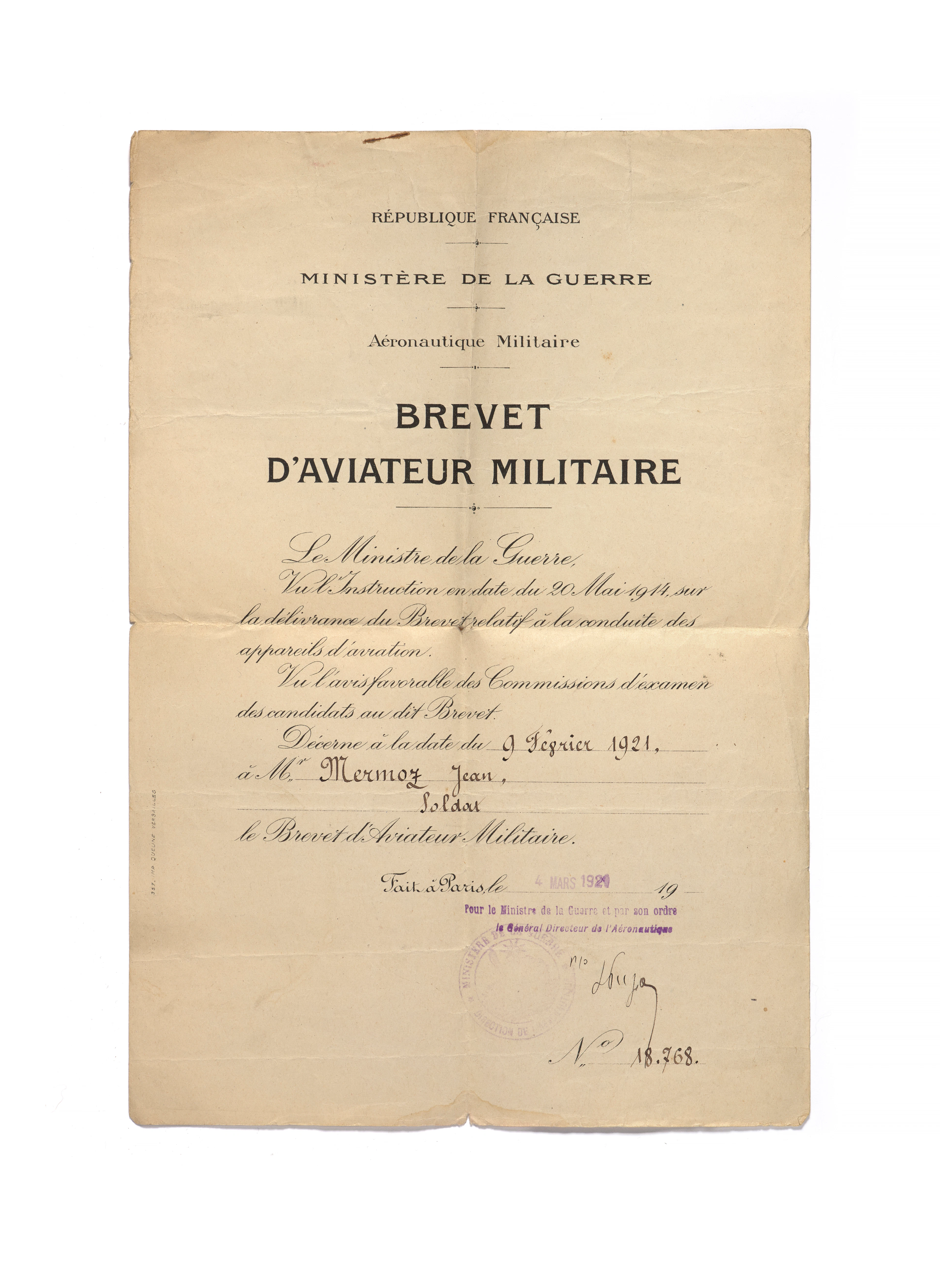 RARE BREVET PAPIER D’AVIATEUR MILITAIRE DE JEAN MERMOZ, À EN-TÊTE