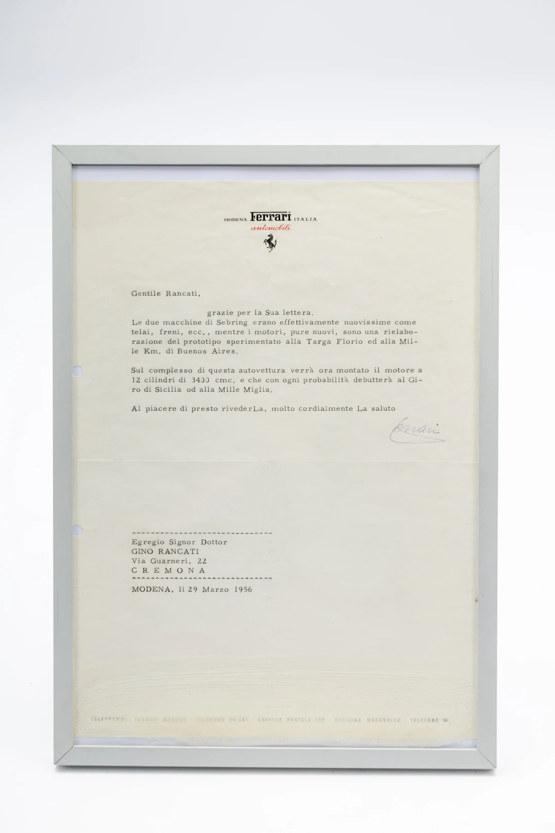 Enzo Ferrari – Signed letter No reserve