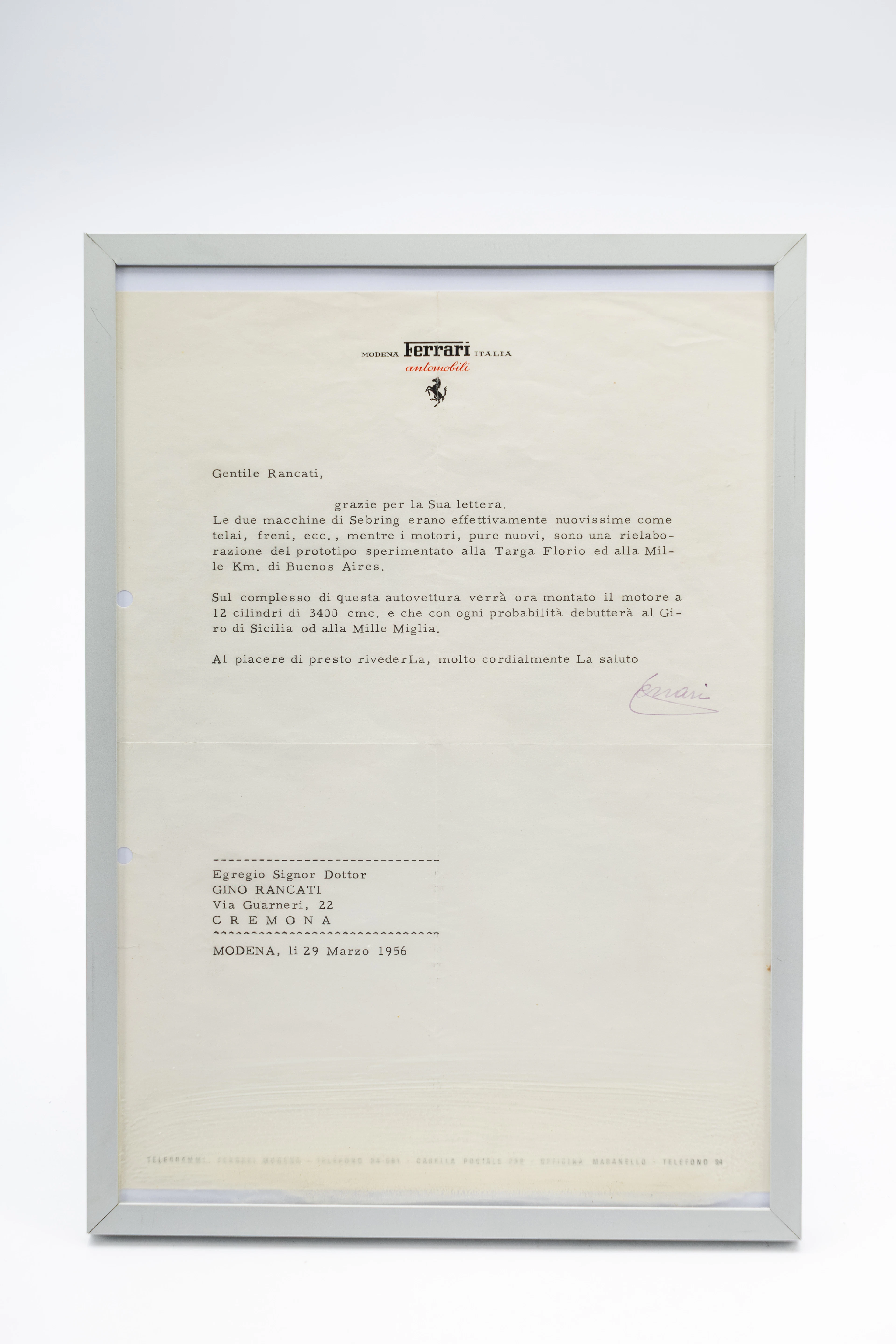 Enzo Ferrari – Signed letter No reserve