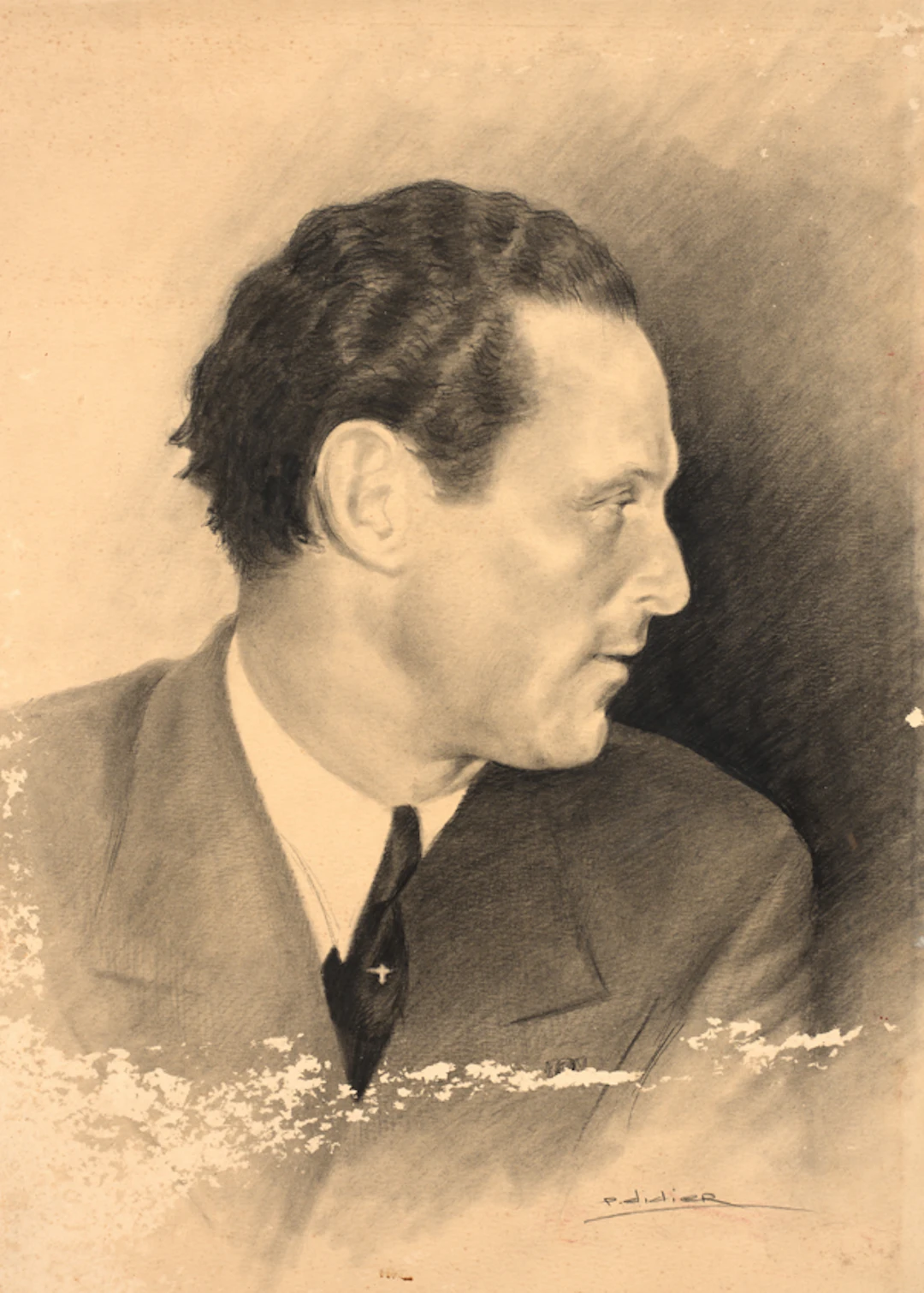 École moderne (P. Didier) Portrait de Jean Mermoz de profil portant